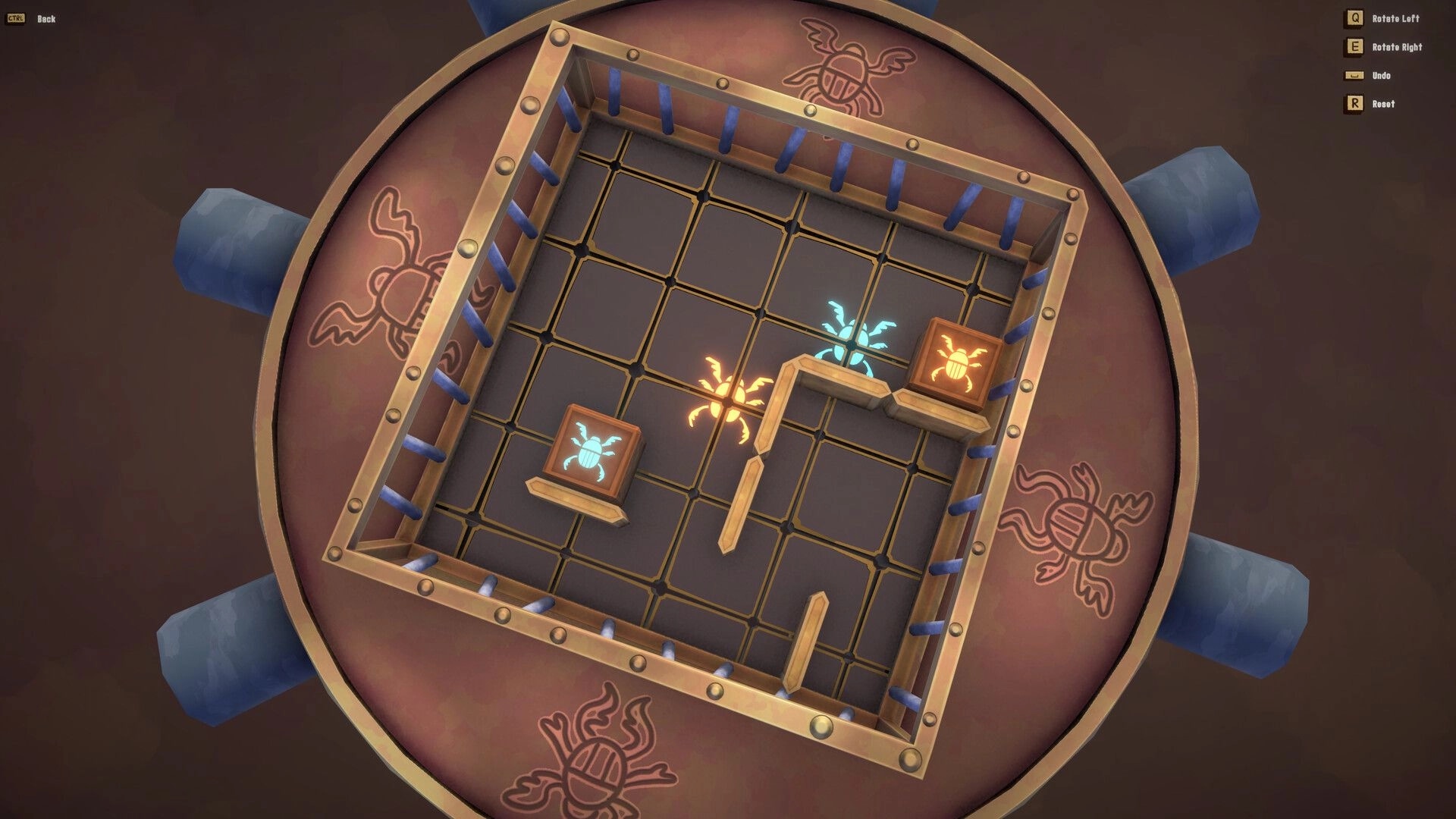 HAMSTERMIND: Overhead view of puzzle grid with glowing beetle tiles and movable wooden blocks