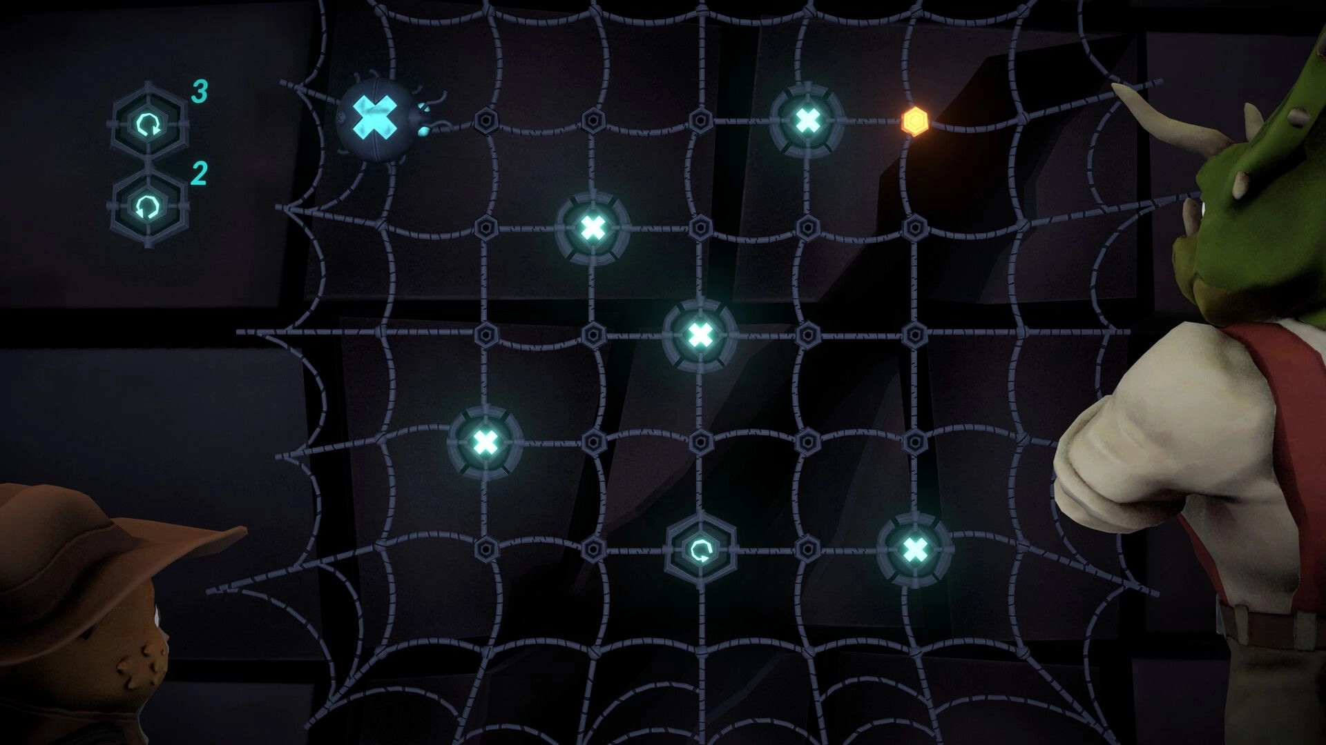 HAMSTERMIND: Hamster Jones solves glowing puzzle grid with dinosaur companion in dim pyramid chamber