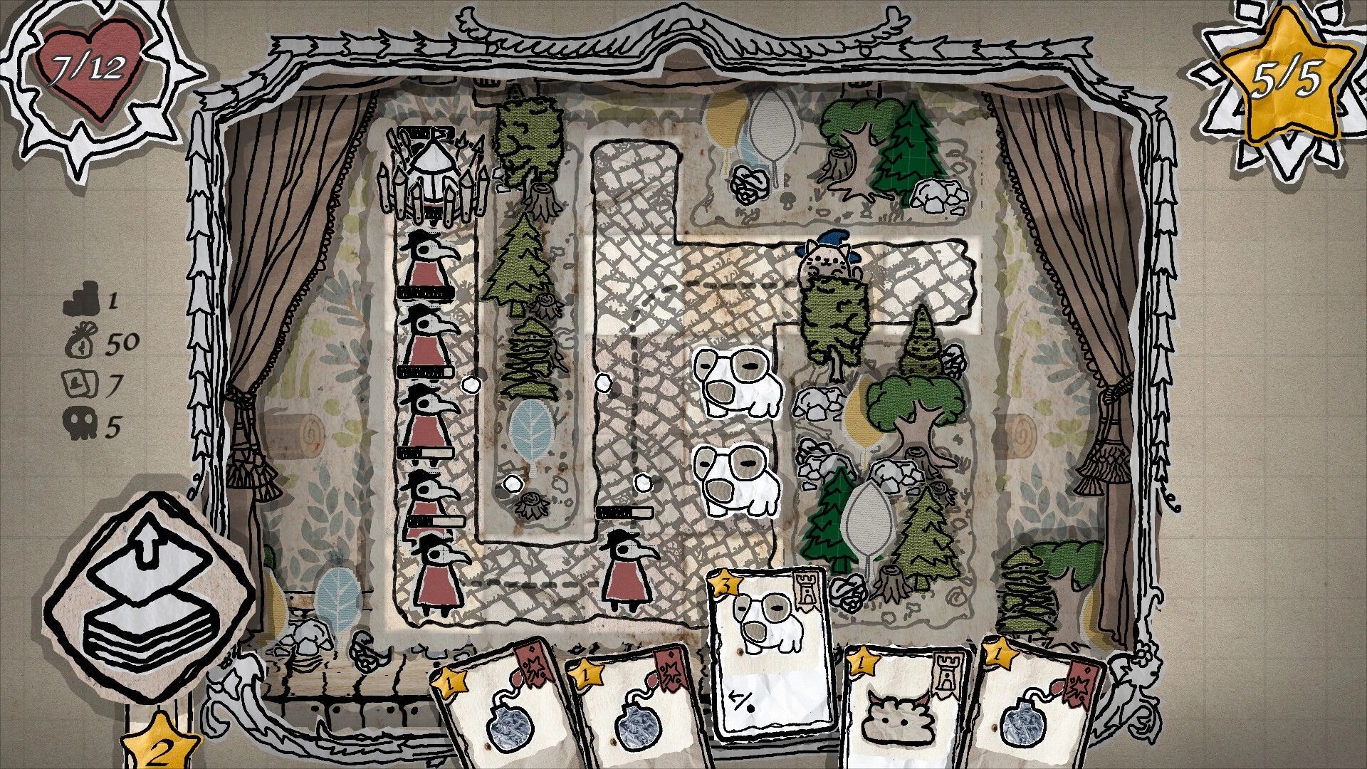 Hand of Hexes: Maze-like path with towers, enemy units, card deck, and resource stats on screen