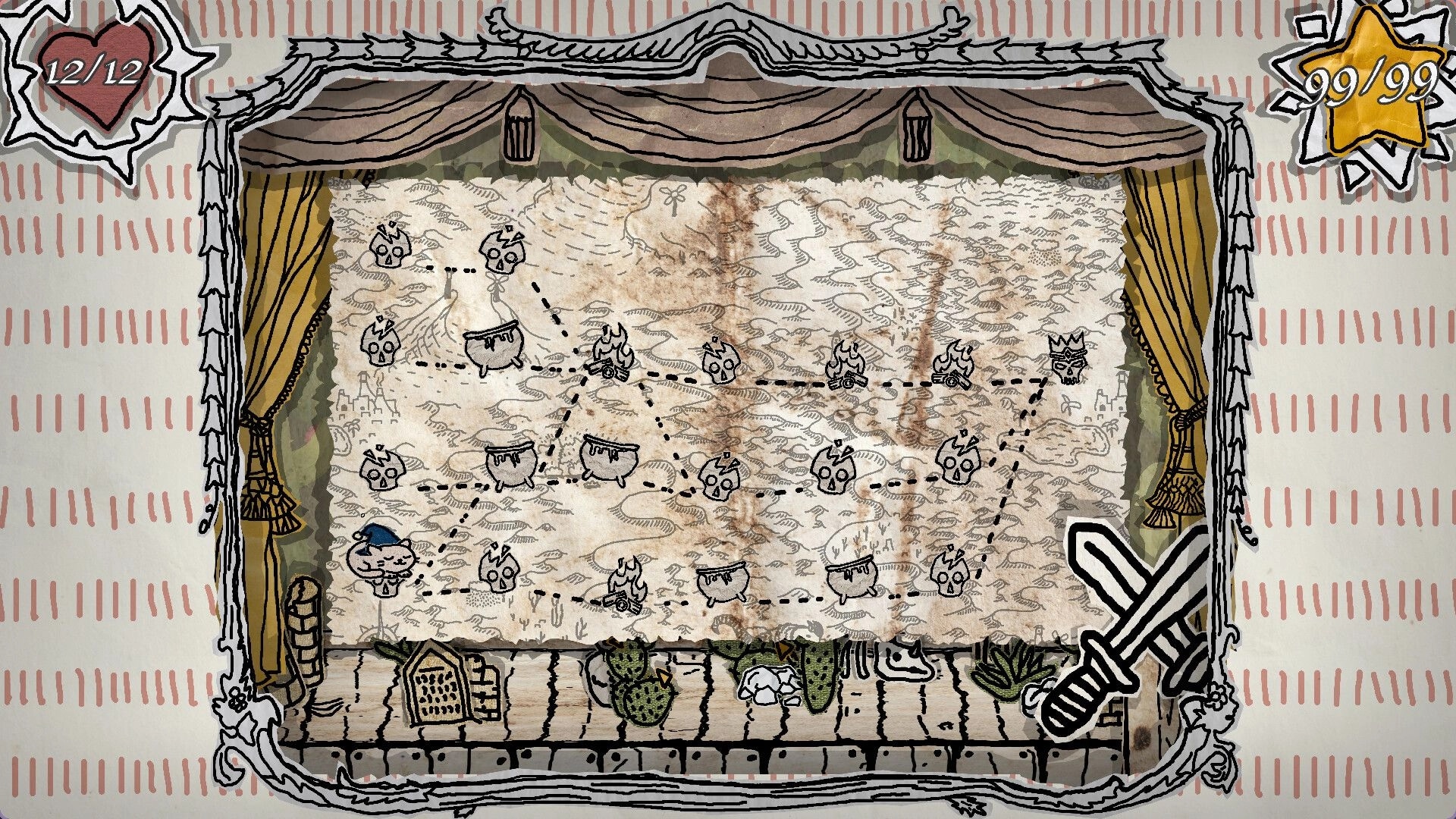 Hand of Hexes: Map stage with pathways, enemy icons, and player health and star points displayed