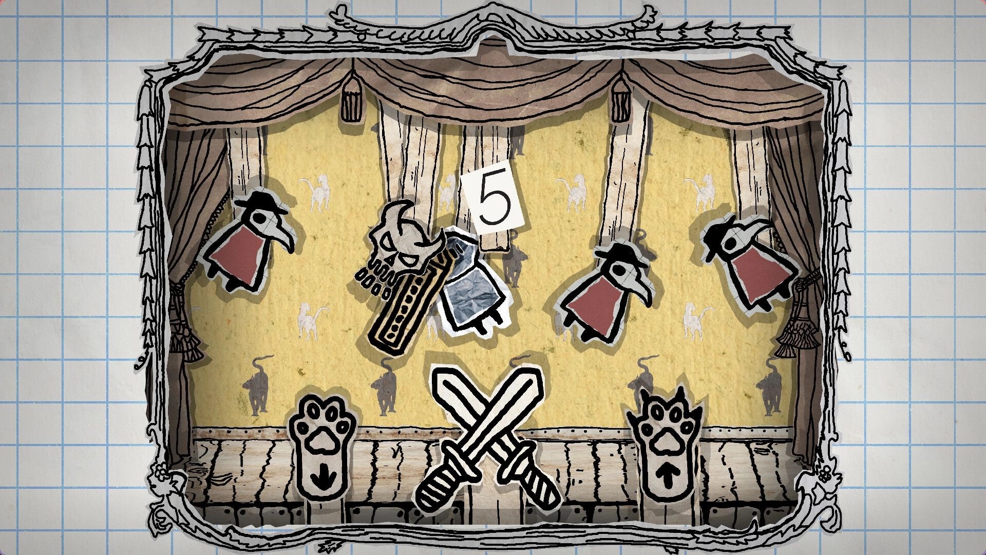 Hand of Hexes: Puppet-themed stage with hanging enemies and sword icons on a patterned background