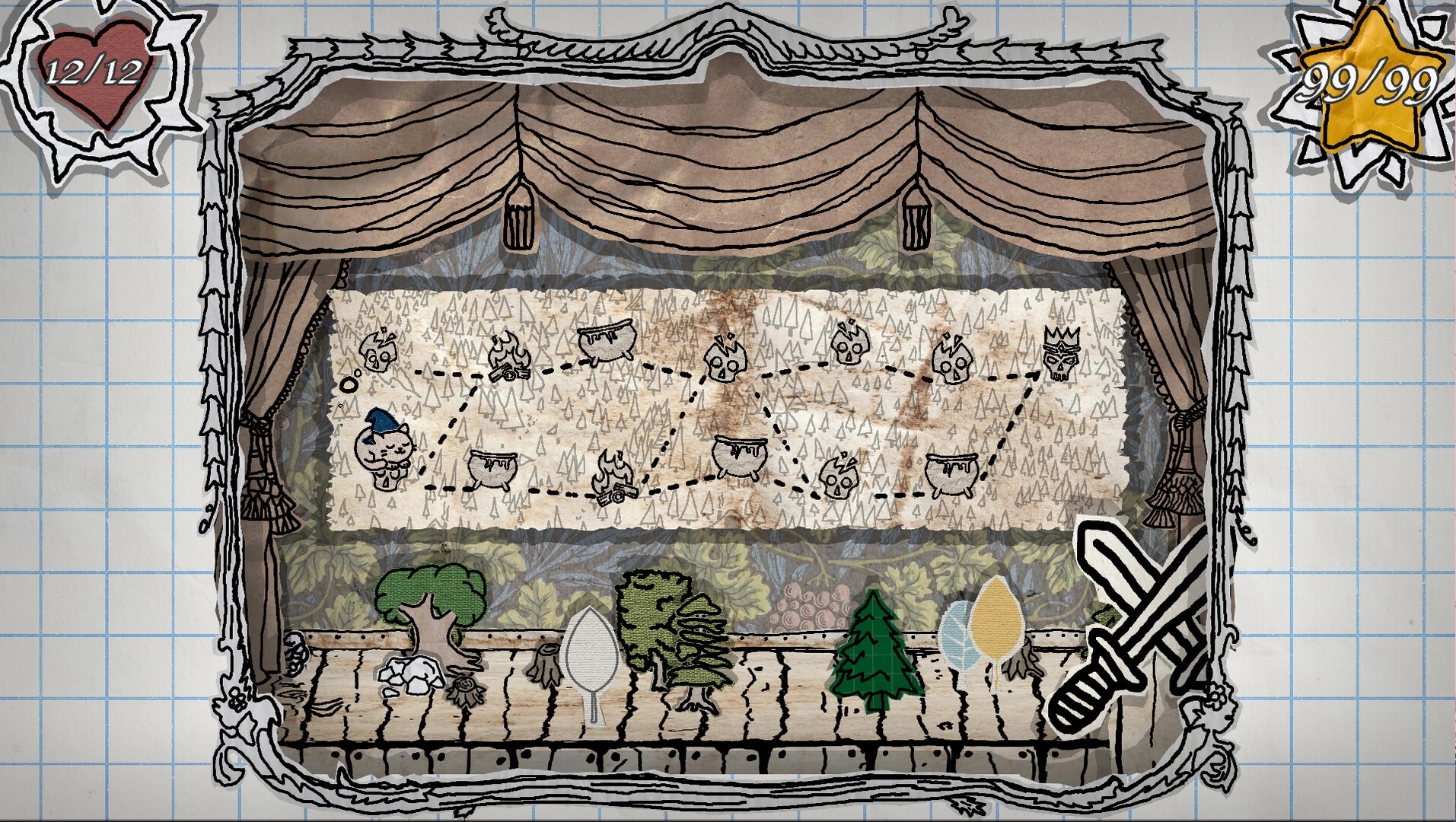 Hand of Hexes: Map with dotted path, hearts, and stars in a theater setting with drawn curtains