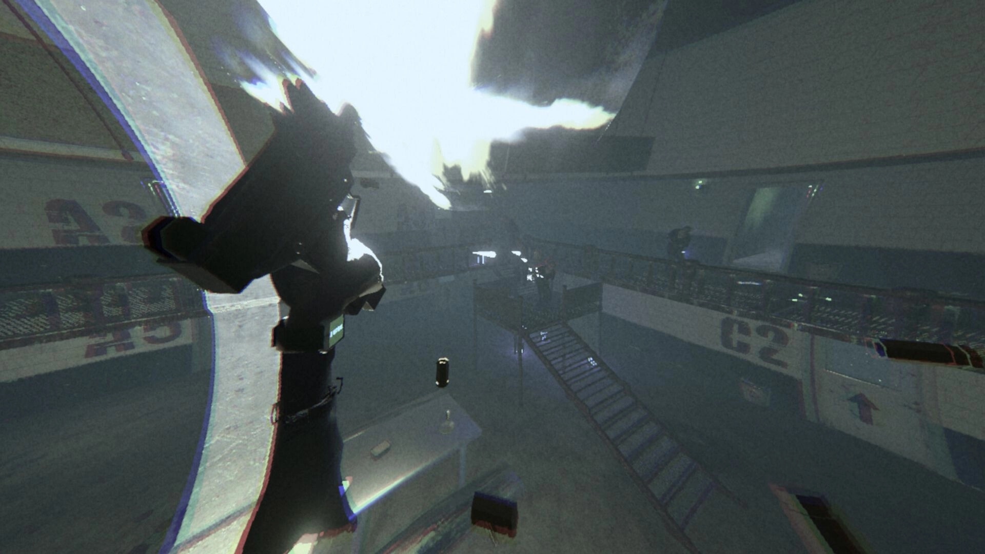 HandFoot: Player fires a pistol in a dim multi-level atrium with catwalks, stairs, and haze.