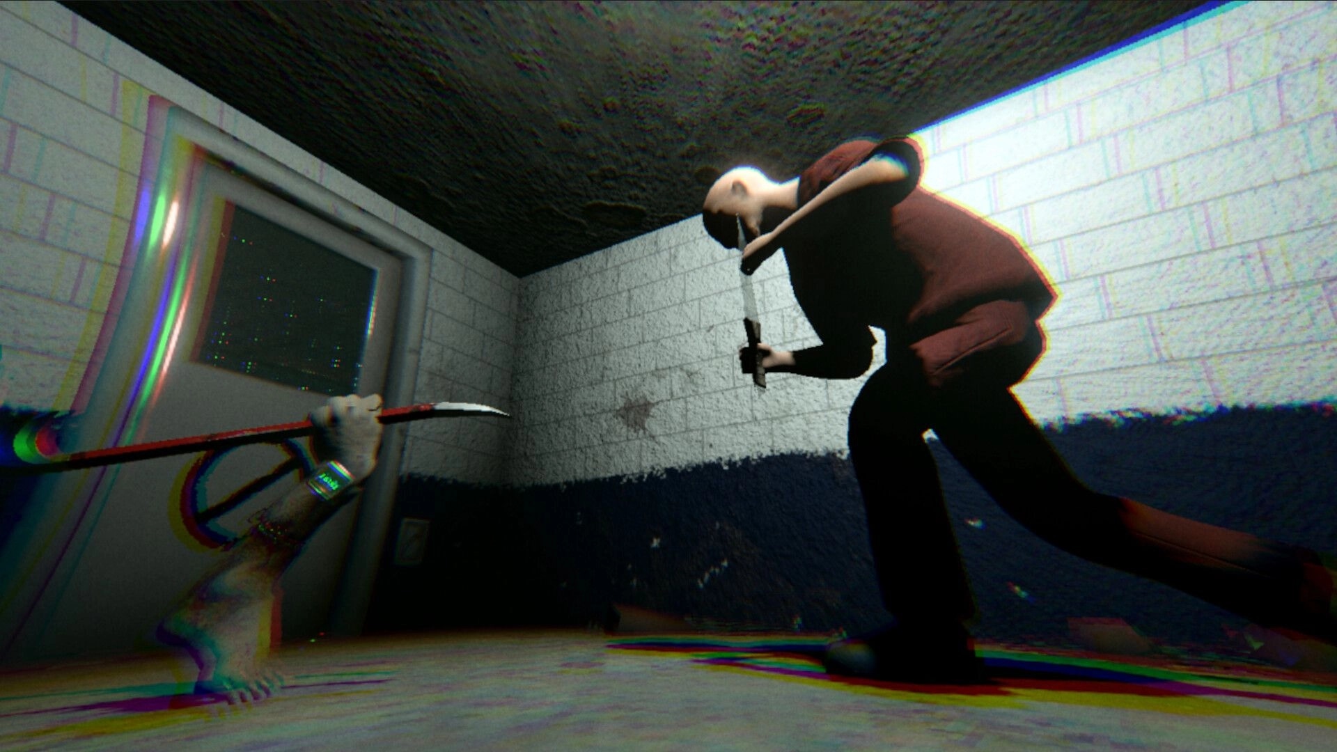 HandFoot: First-person melee standoff with a crowbar against a masked foe in a tiled hallway.