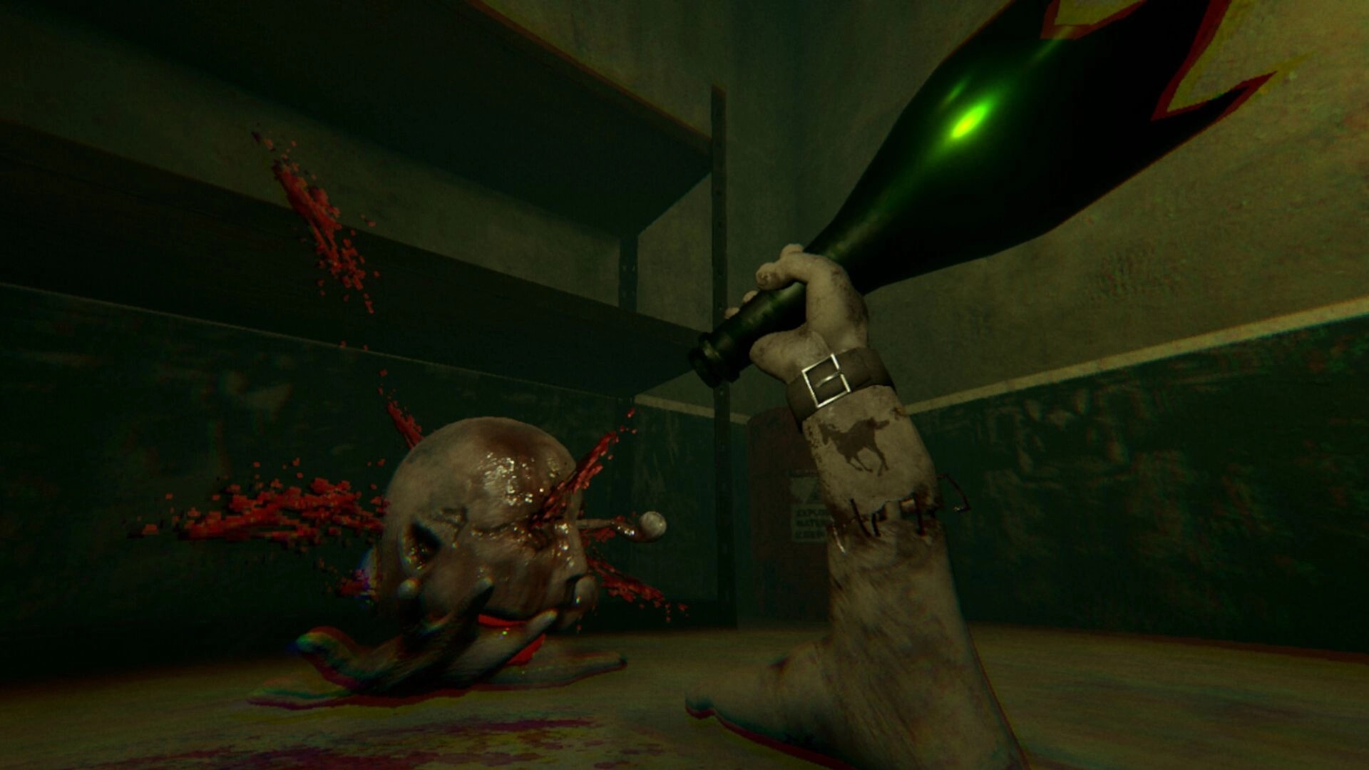 HandFoot: First-person view raising a glowing baton over a bloodied head in a grimy stall room.