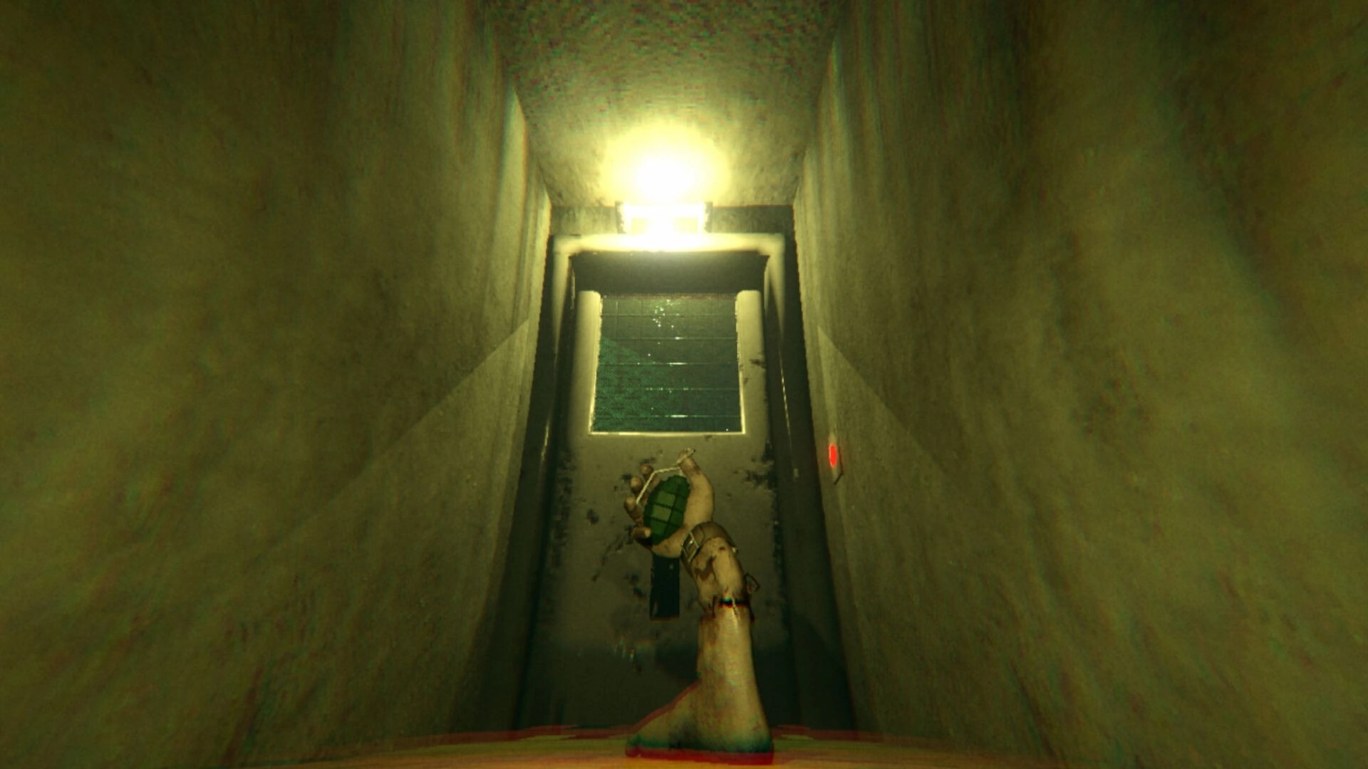 HandFoot: First-person view holding a grenade while approaching a lit metal door in a narrow hallway.