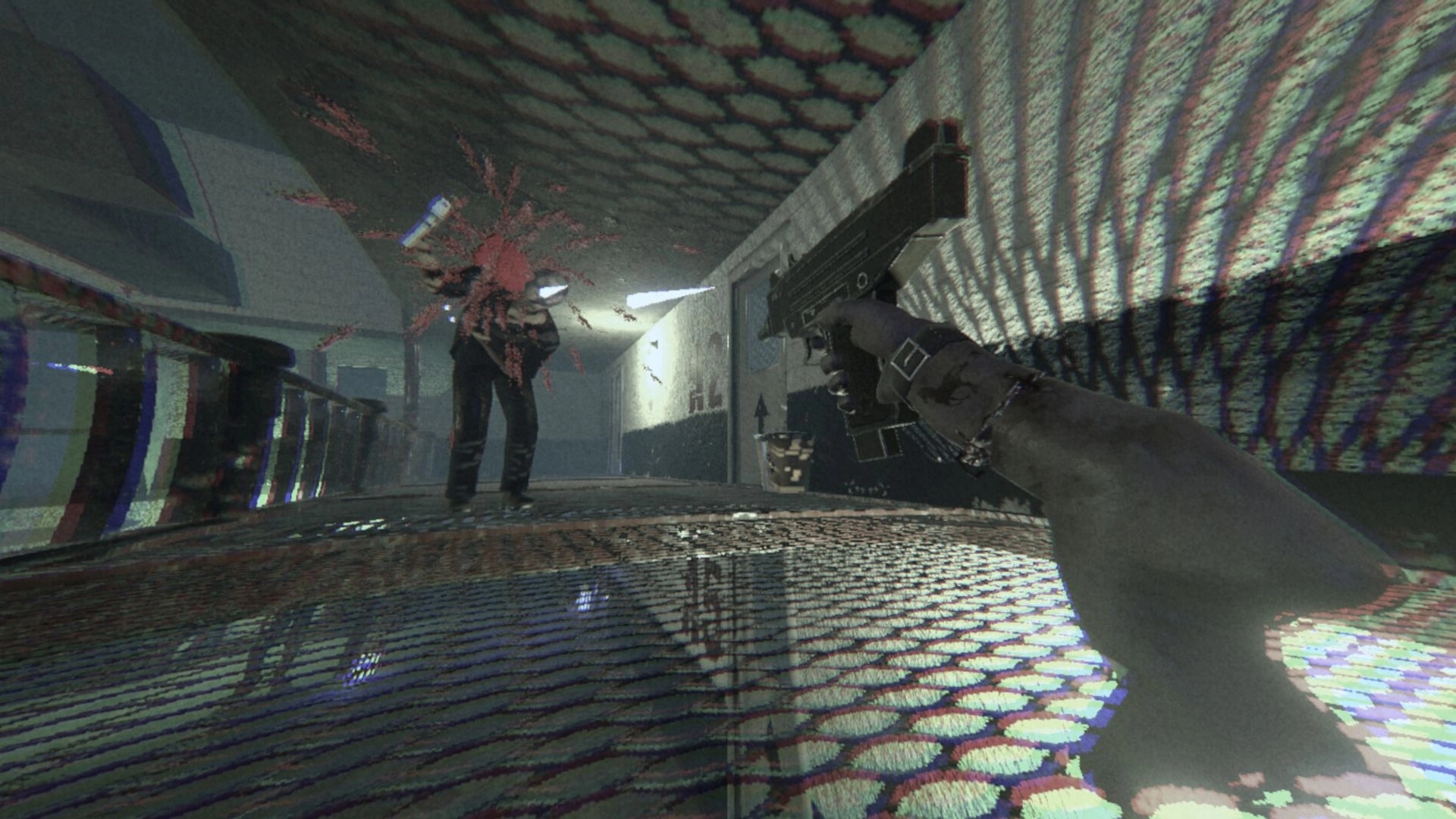 HandFoot: First-person pistol aimed at a suited enemy in a grimy hallway with blood spray and glare.