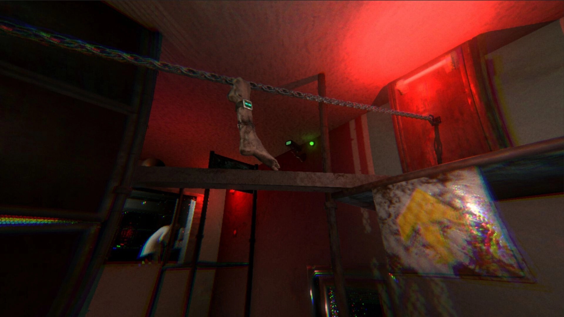 HandFoot: Severed leg hangs from a chain above metal catwalks in a red-lit industrial room.