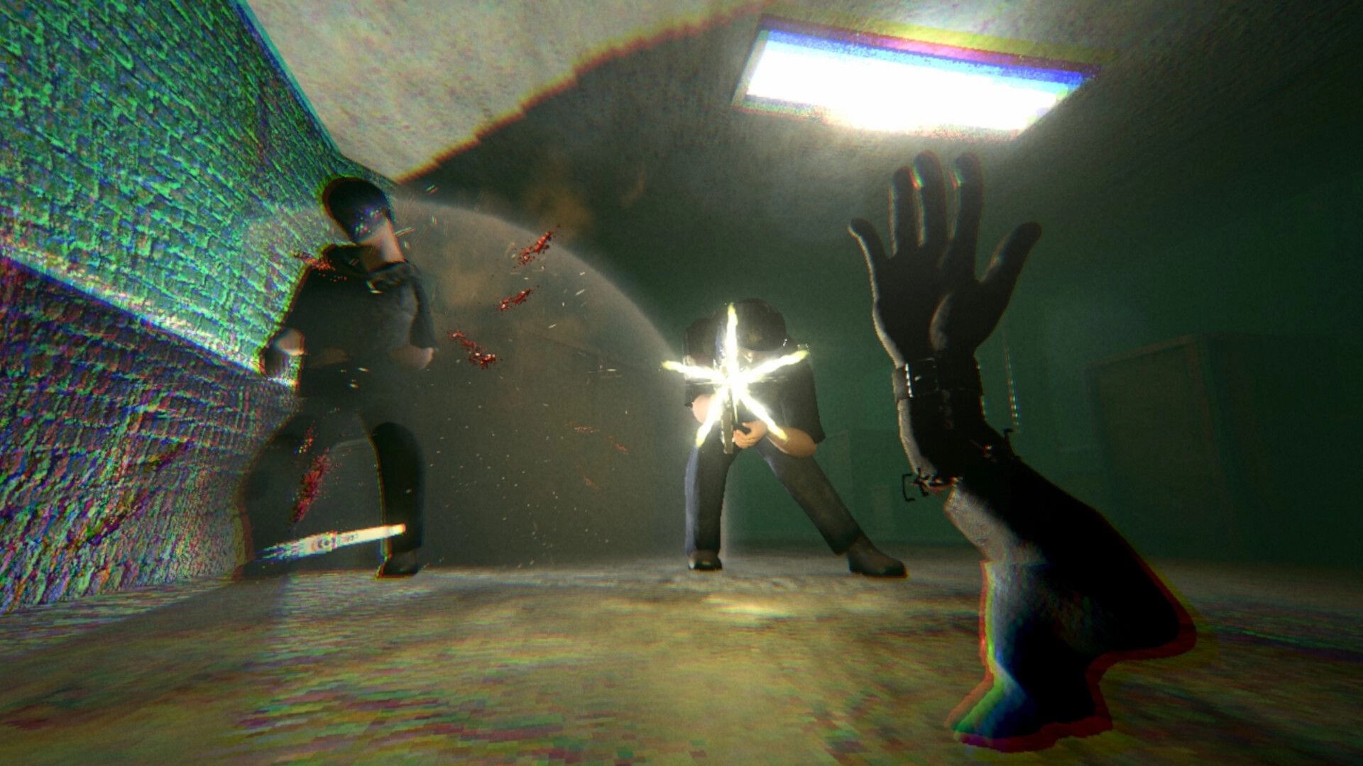 HandFoot: First-person shootout with two armed enemies in a grimy corridor under harsh ceiling light.