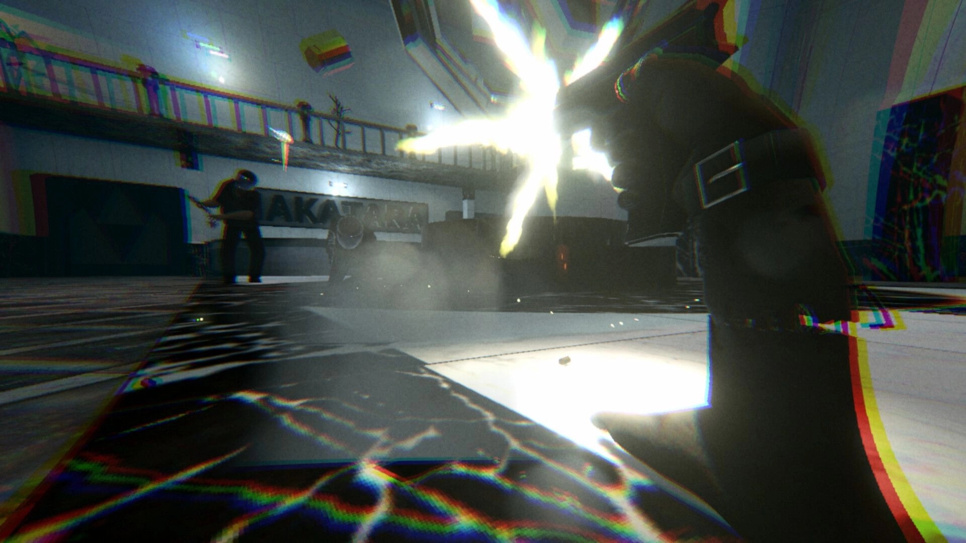 HandFoot: First-person shotgun blast at armed enemy inside a mall atrium with balcony railings above.