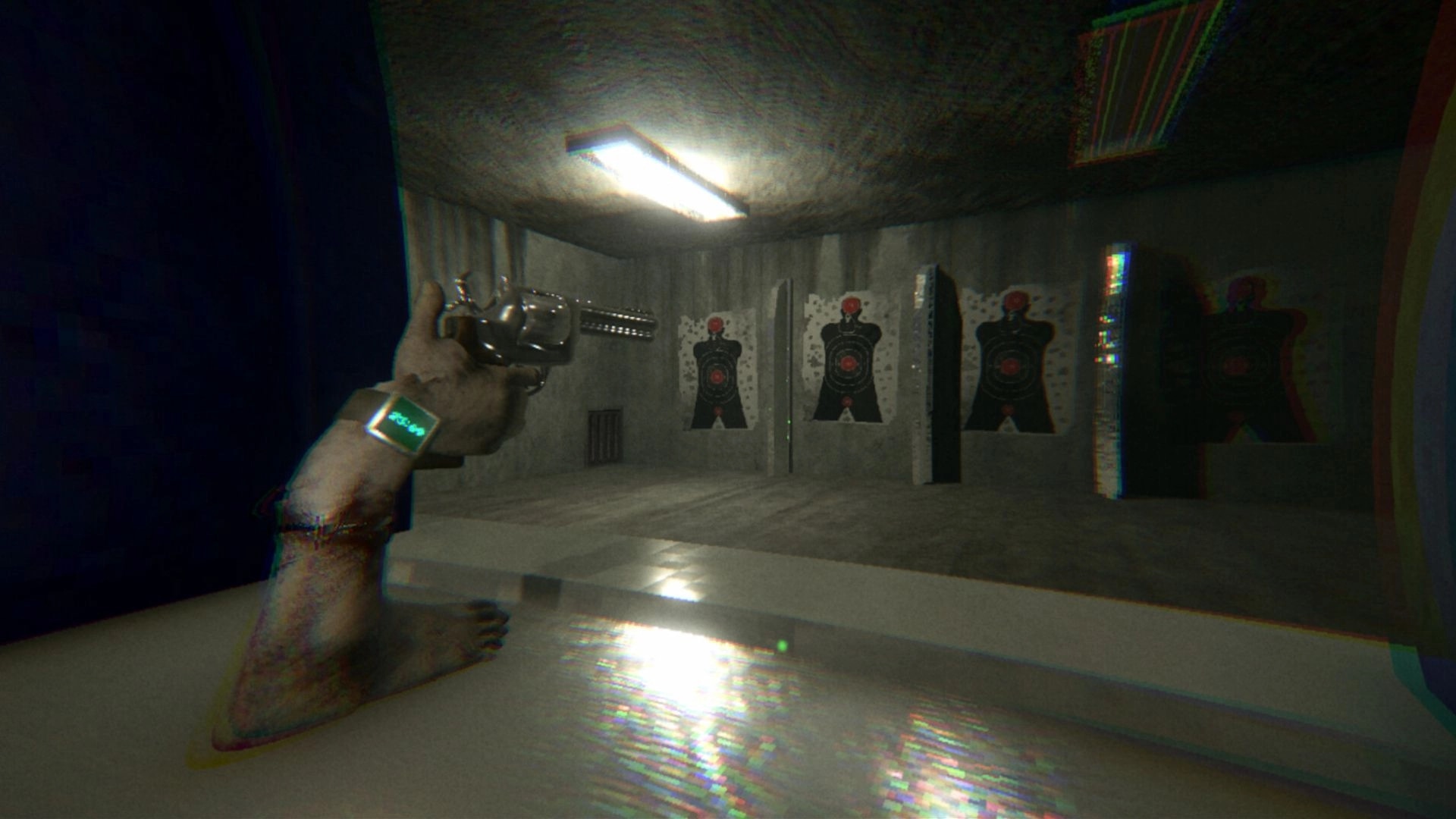 HandFoot: First-person revolver aimed at paper targets in a dim concrete shooting range room.