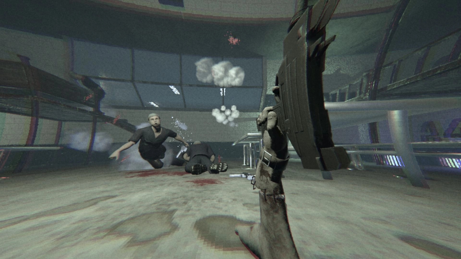 HandFoot: First-person shotgun blast hits a charging enemy in a bloodstained subway corridor.