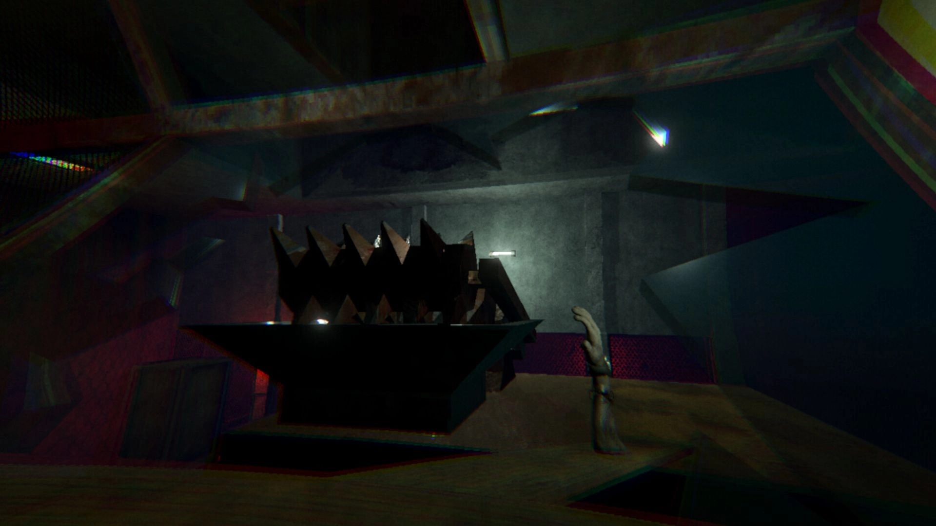 HandFoot: First-person view facing a spiked metal trap in a dim industrial room with pipes and lamps.