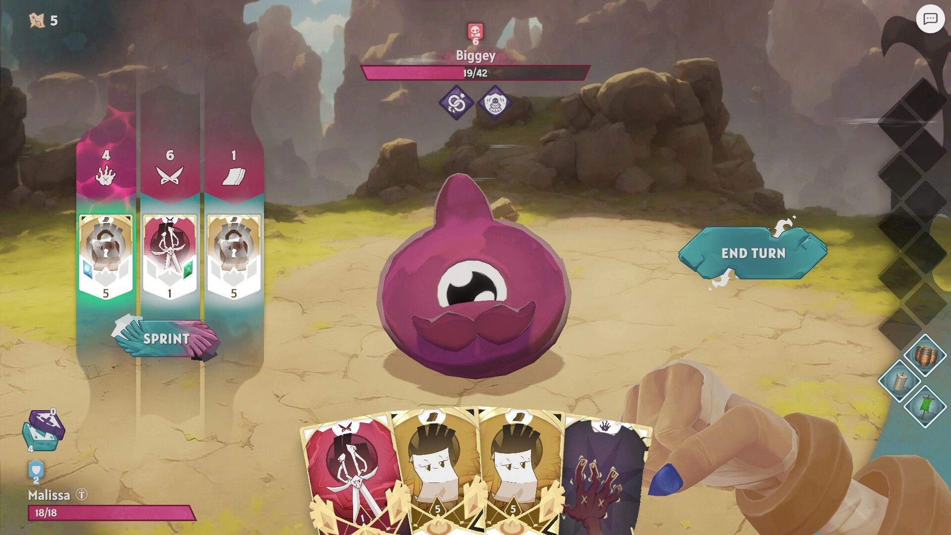 Handmancers: Player confronts Biggey enemy with cards displayed in rocky landscape battle setting