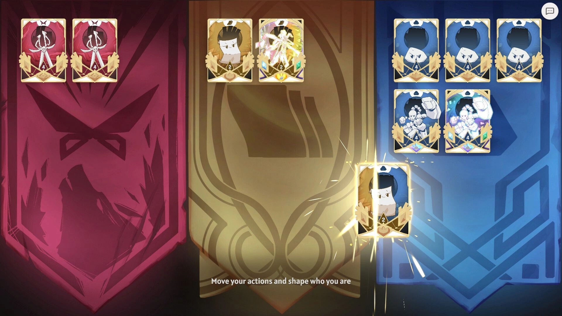 Handmancers: Card selection phase with characters and abilities displayed on a colorful background