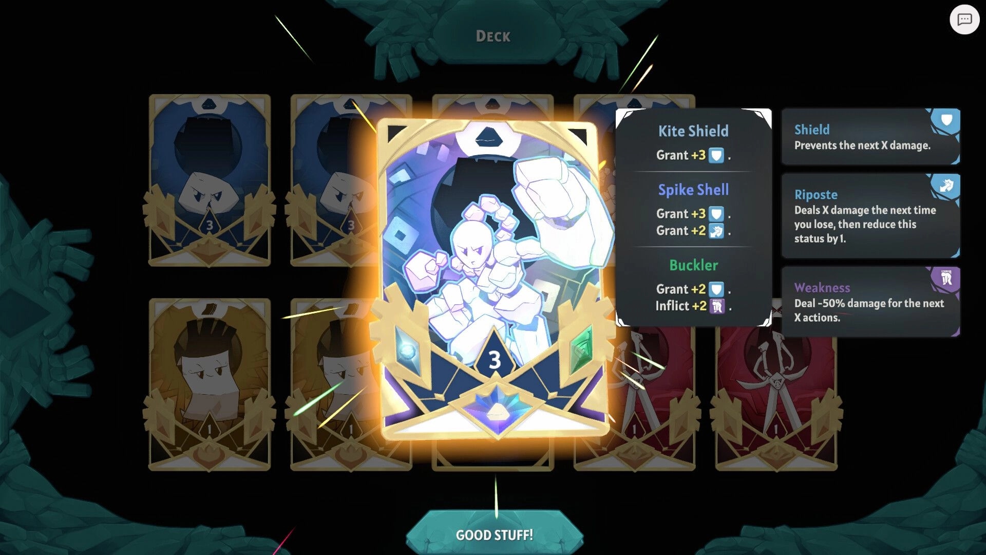 Handmancers: Card selection screen displaying various shield abilities in strategic deckbuilding interface
