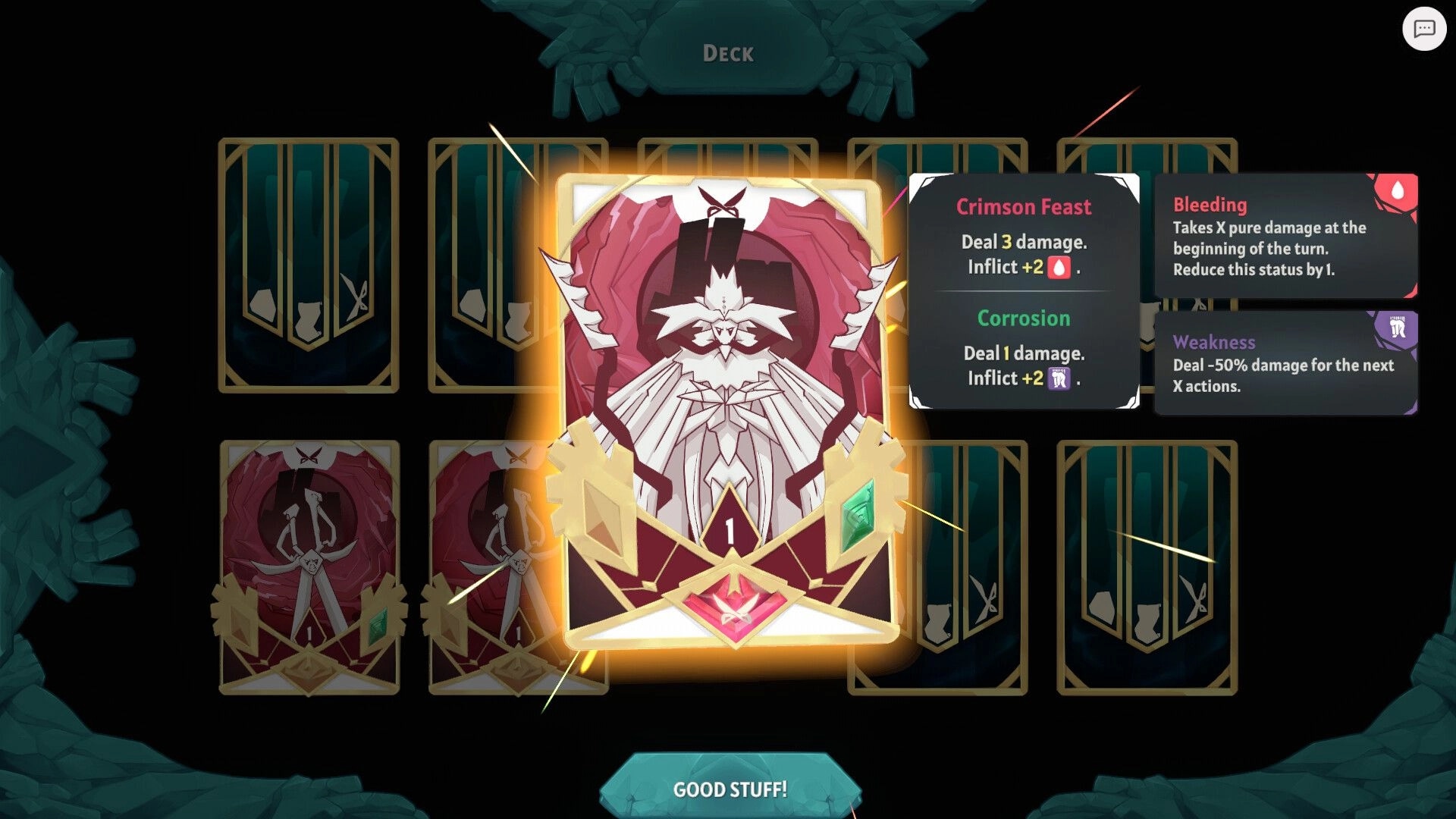 Handmancers: Deck selection screen highlighting a card with detailed effects in a dark interface.