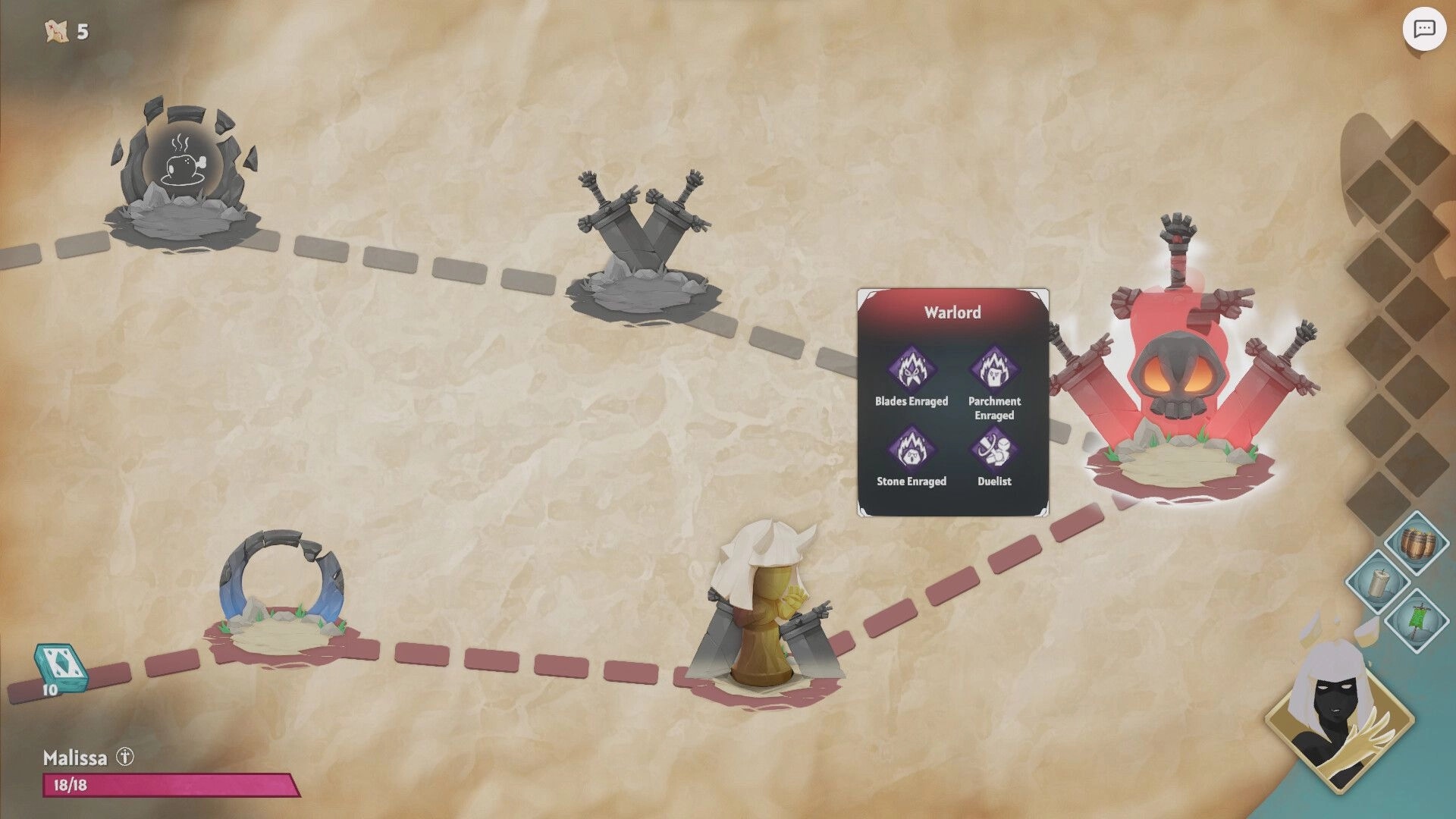 Handmancers: Character Malissa on a map approaching a Warlord battle node with skill options shown