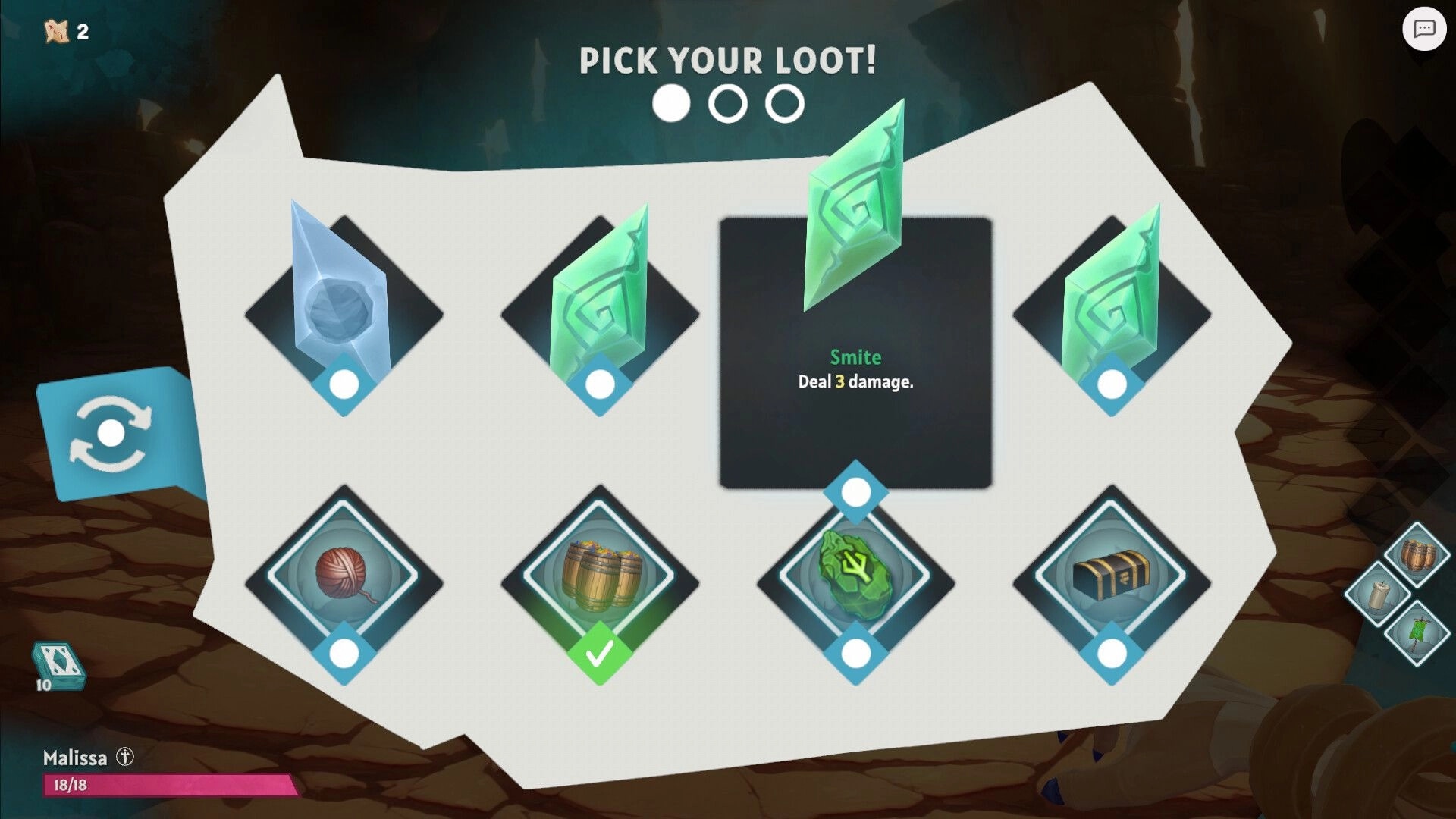 Handmancers: Loot selection screen with six cards displayed in a dark cavern setting