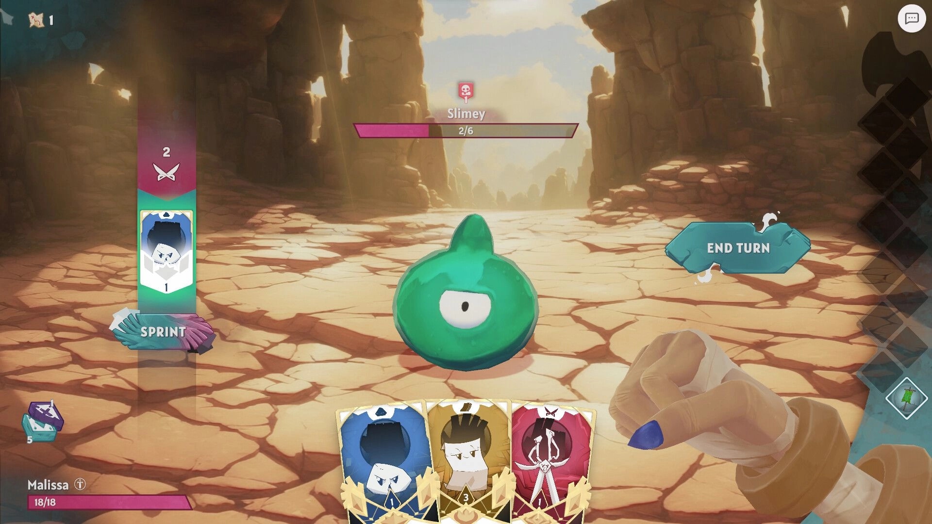 Handmancers: Player faces Slimey enemy in desert with card options and end turn button visible.