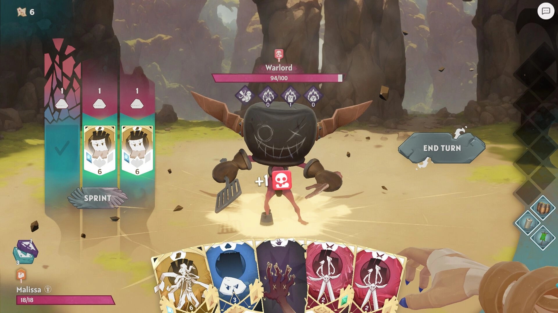 Handmancers: Player faces Warlord in desert arena, displaying card deck and "End Turn" button.