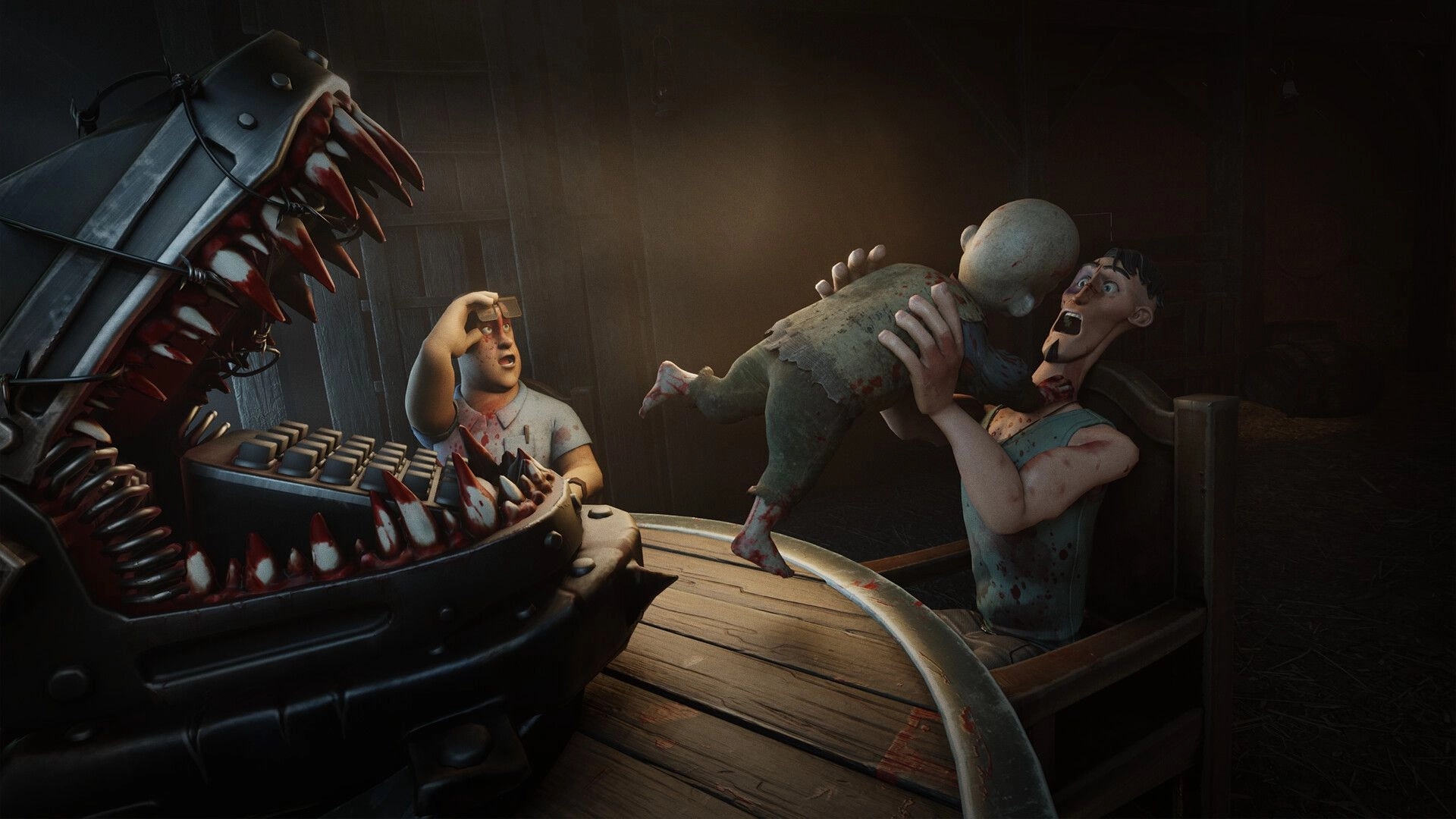 HANDS OVER: Players panic at a table as a huge metal jaw trap snaps shut in a dark cabin room.