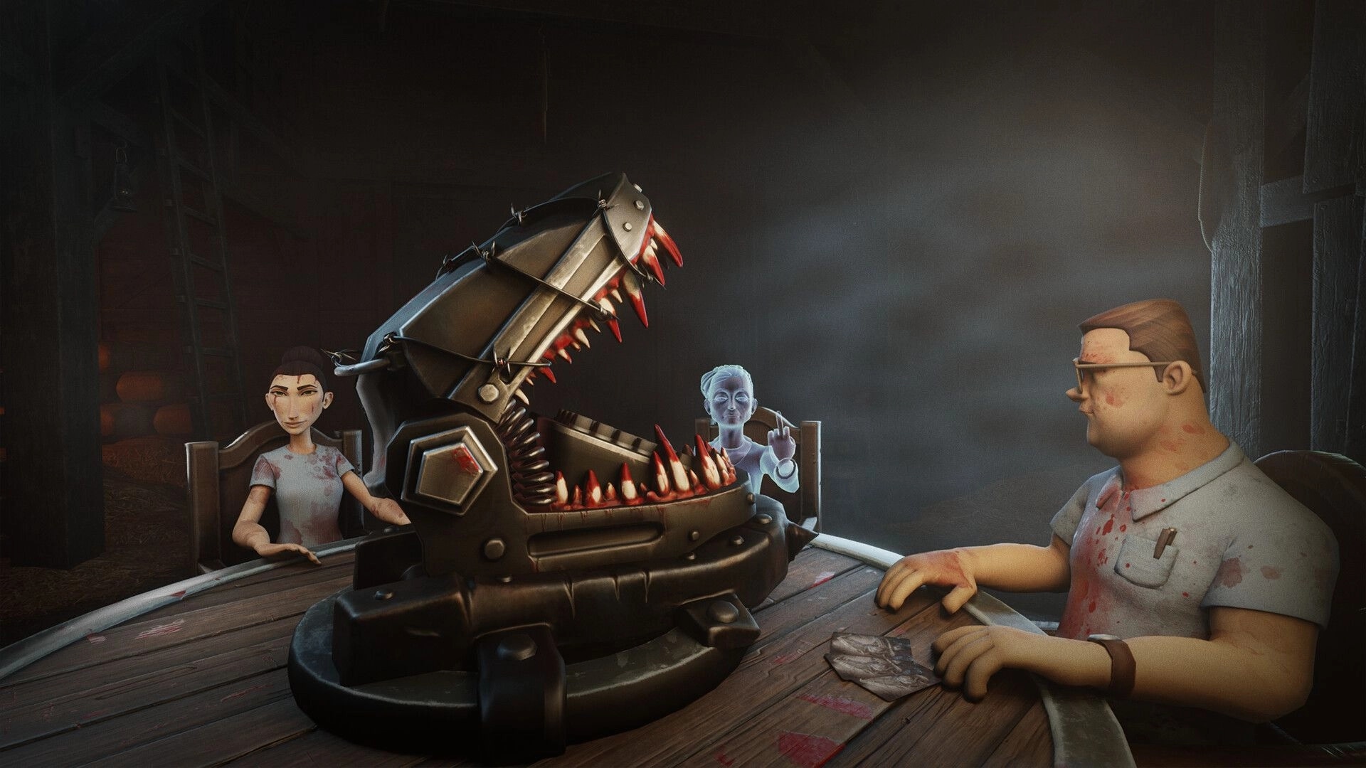 HANDS OVER: Players sit at table facing a huge metal jaw trap with bloody teeth in dim barn.