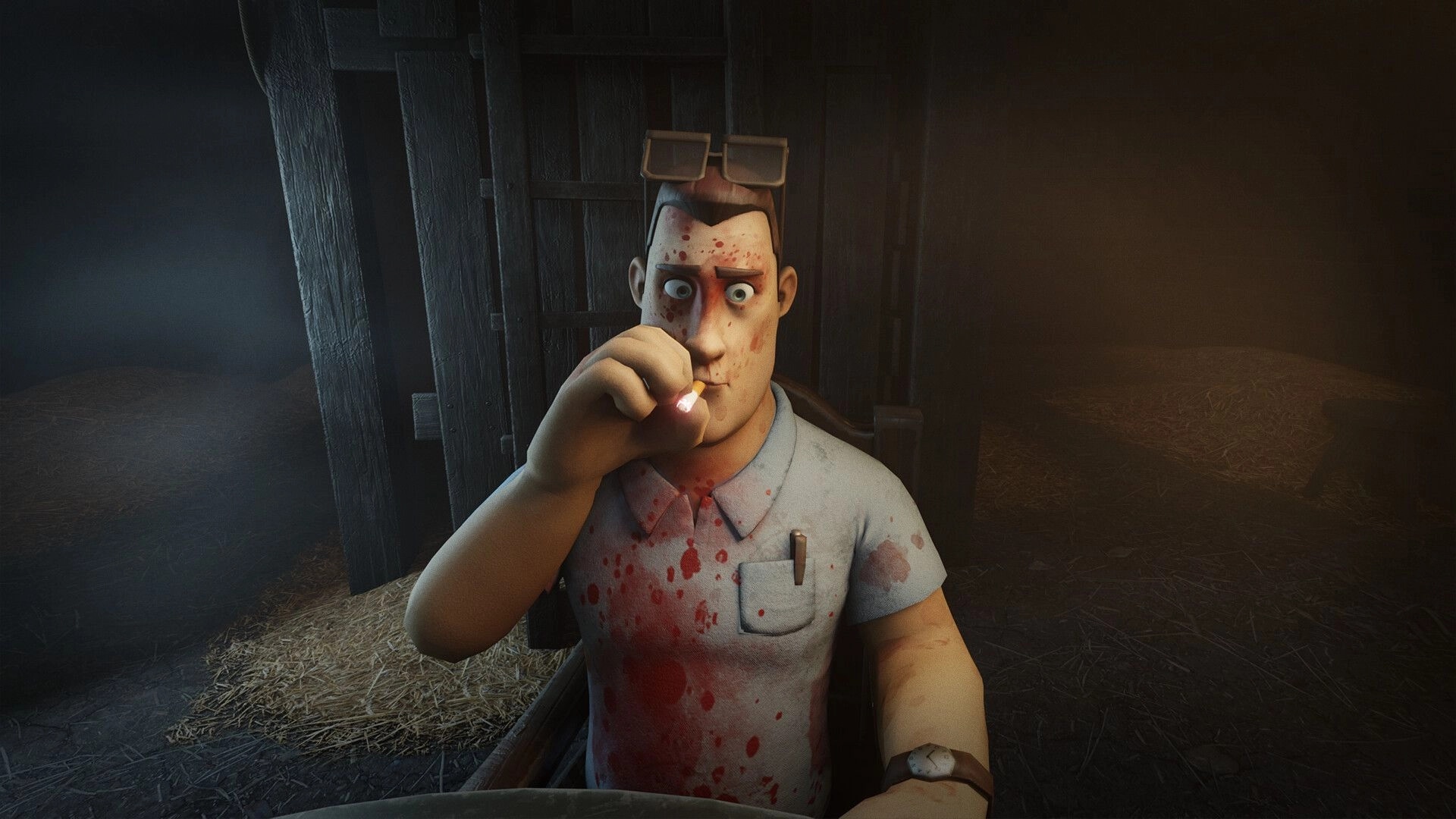 HANDS OVER: Blood-splattered man raises a lit match to his mouth in a dim wooden shed interior.