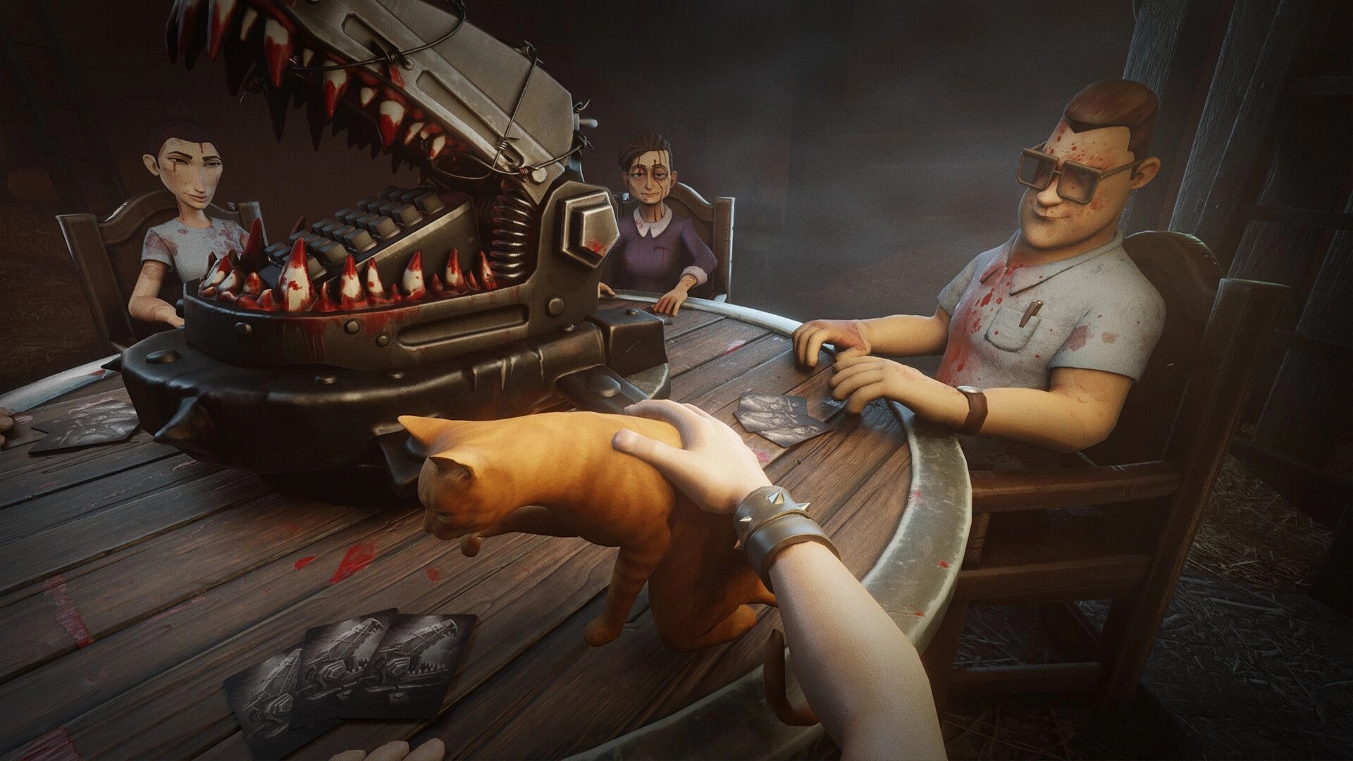 HANDS OVER: First-person hand pets a cat at a table with three players and a spiked trap machine.