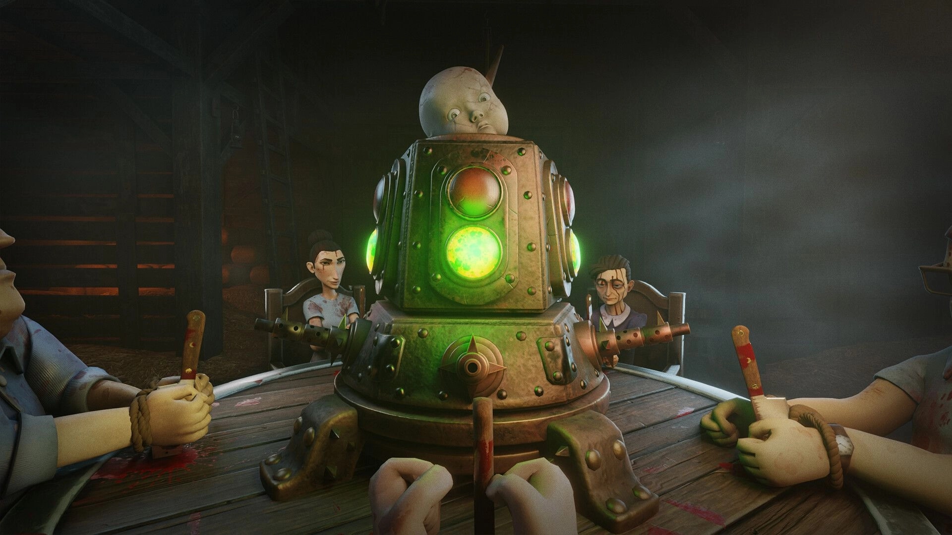 HANDS OVER: Players grip bloody knives around a table with a glowing machine in a dim barn room.