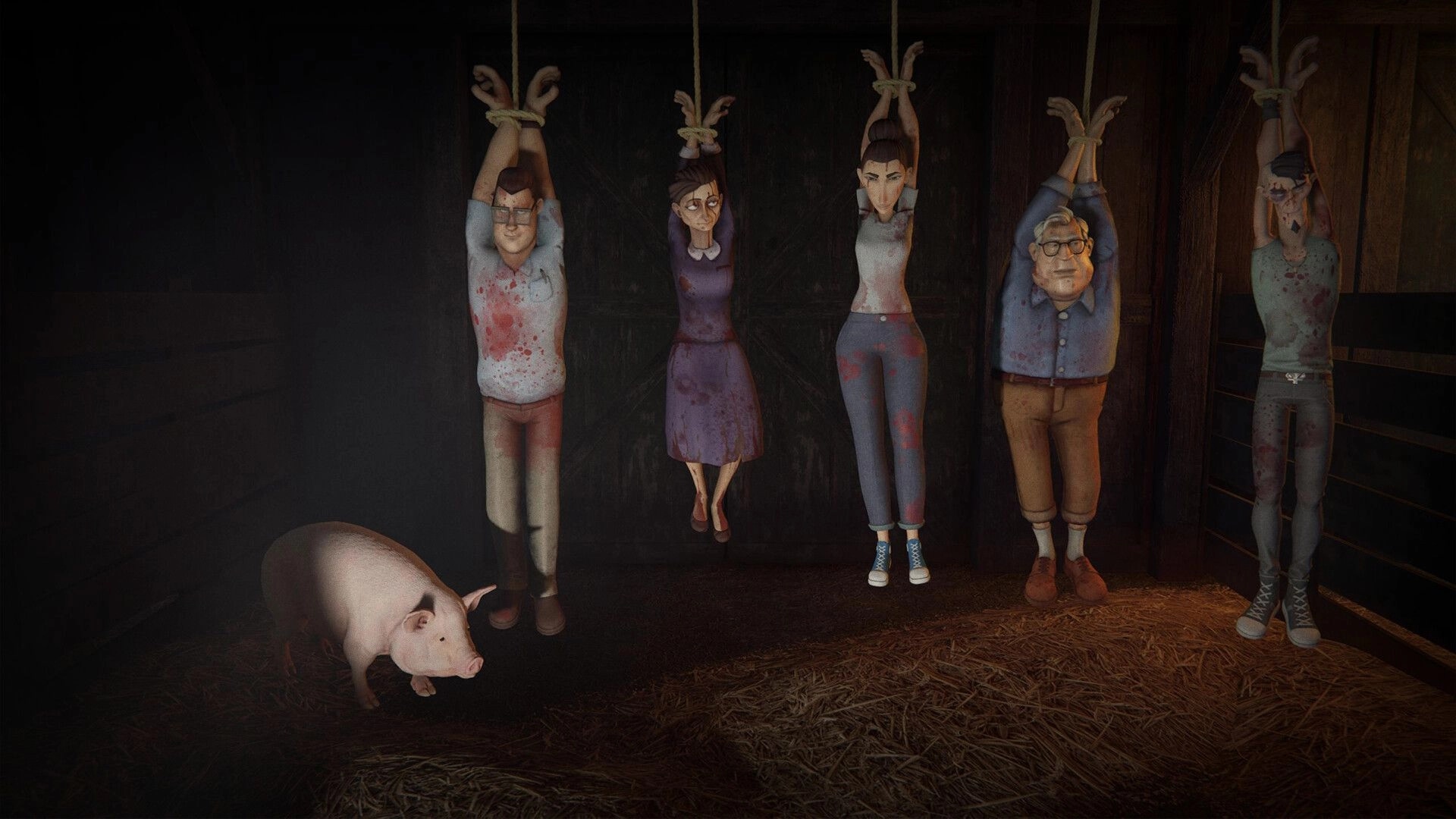 HANDS OVER: Five bloodstained players hang by ropes in a dark barn stall as a pig watches nearby.