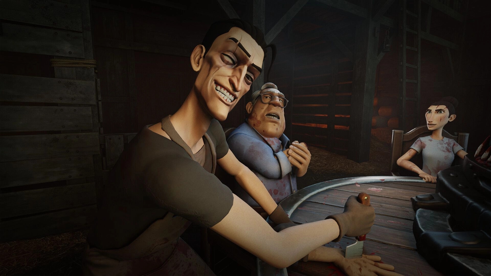 HANDS OVER: Grinning player grips knife at table as two tense characters watch in dark barn room.
