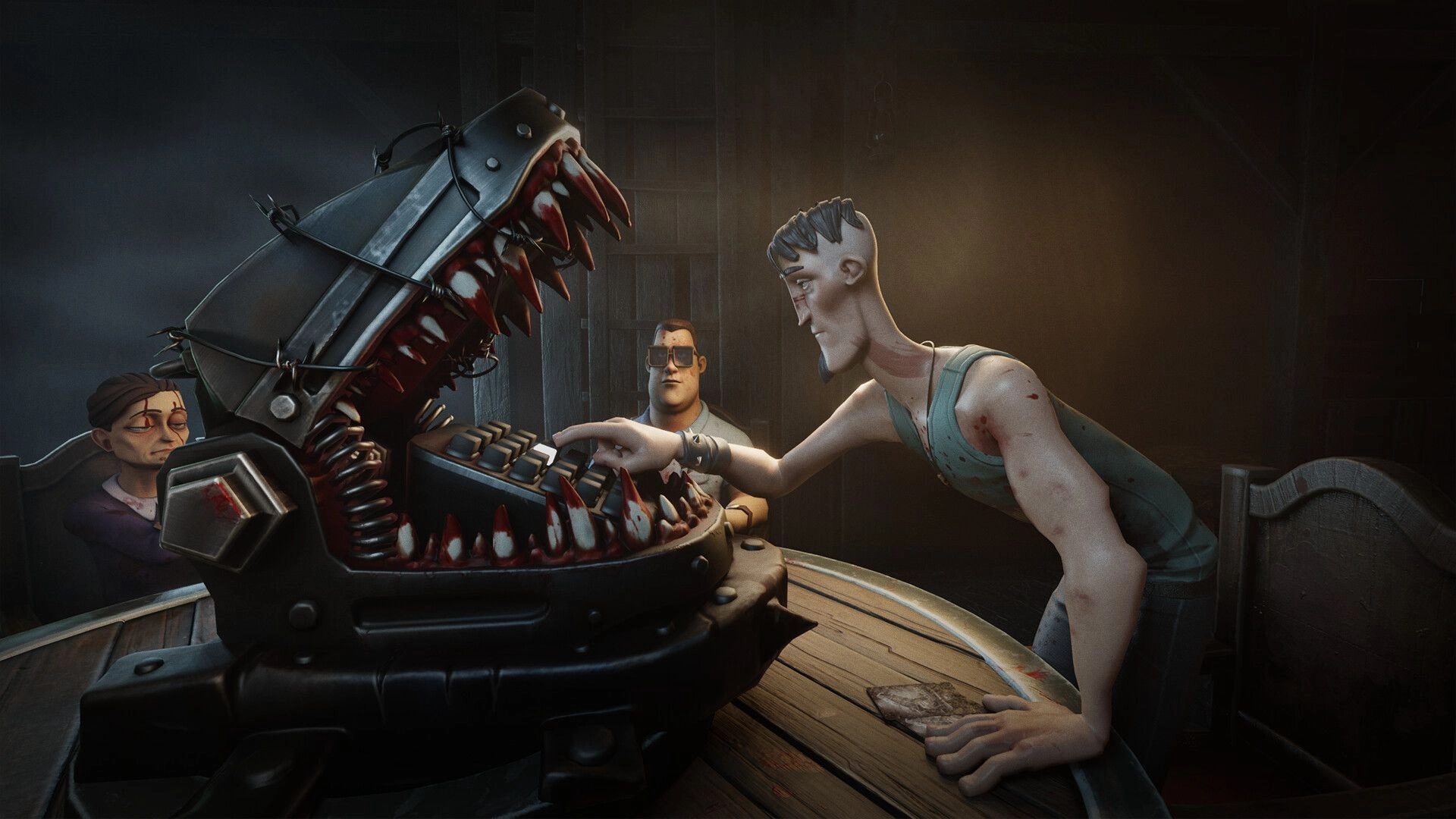 HANDS OVER: Player reaches toward a metal bear trap on table as others watch in dim cabin room.