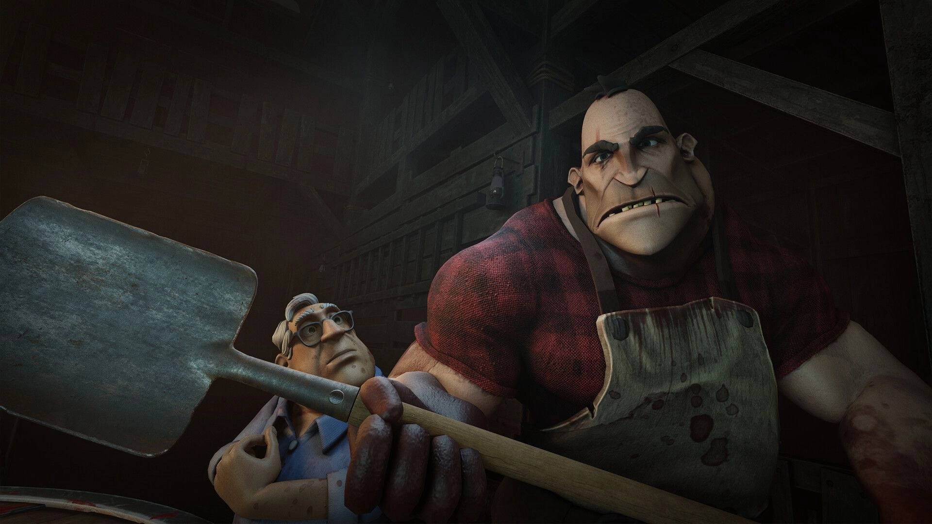 HANDS OVER: Burly butcher grips a shovel, looming over a frightened man inside a dark barn corridor.