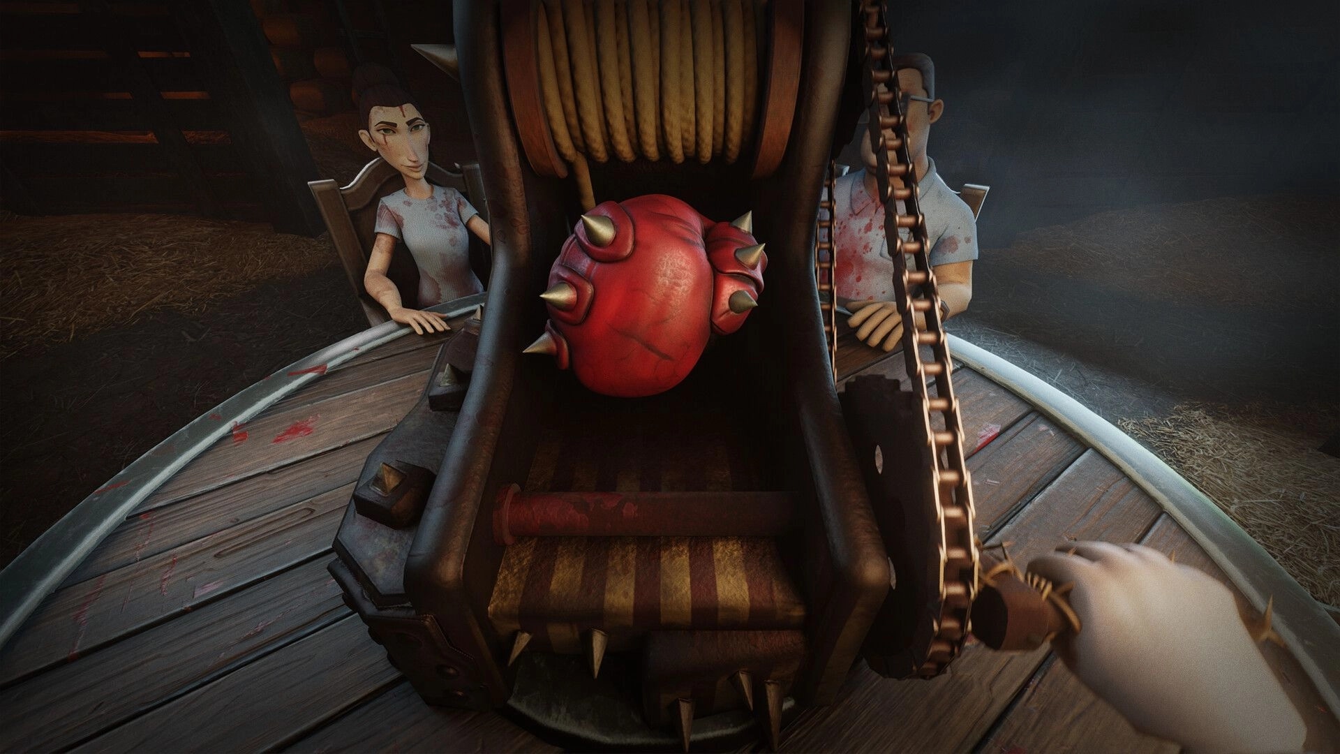 HANDS OVER: Players at a wooden table face a spiked red punching glove trap in a dim barn setting.