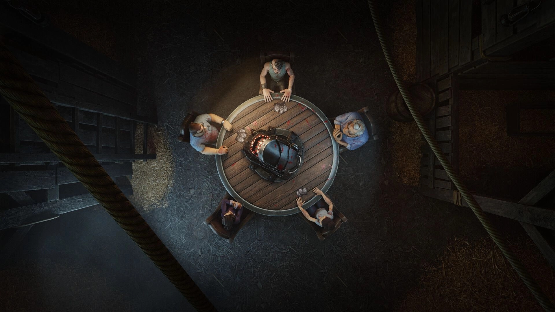 HANDS OVER: Top-down view of four players around a table with a spiked helmet trap in a barn loft.