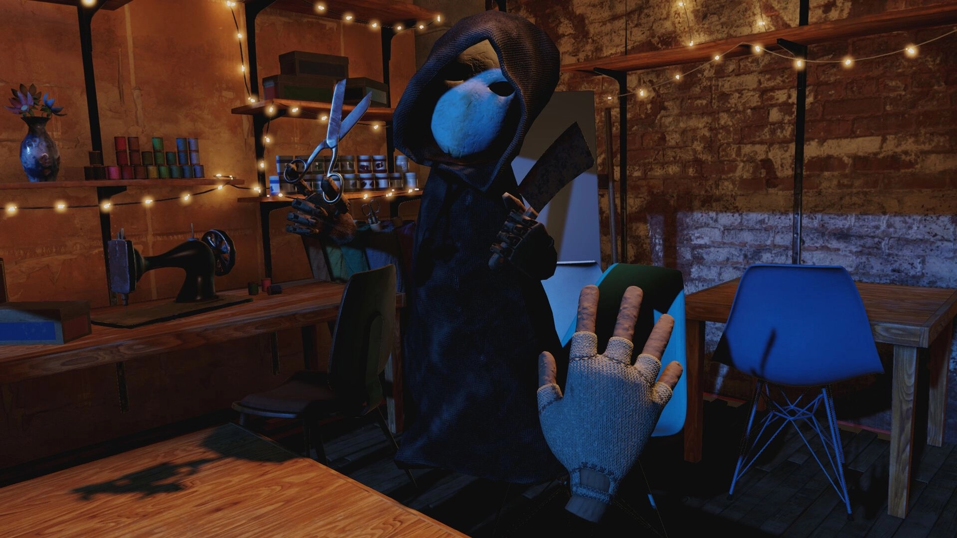 Handsum: Hooded figure with scissors confronts player in dimly lit workshop with sewing tools