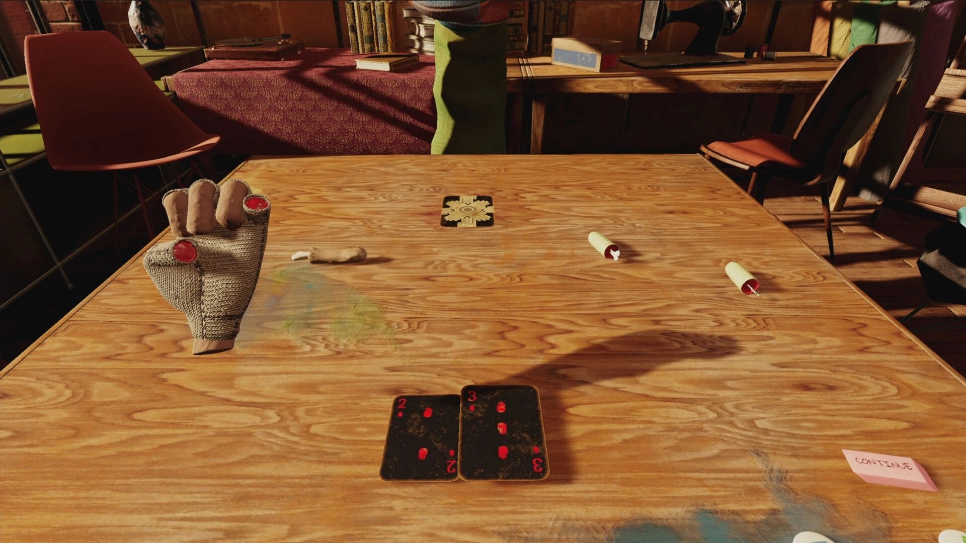 Handsum: Gloved hand with buttons in card game setting, wooden table with scattered items