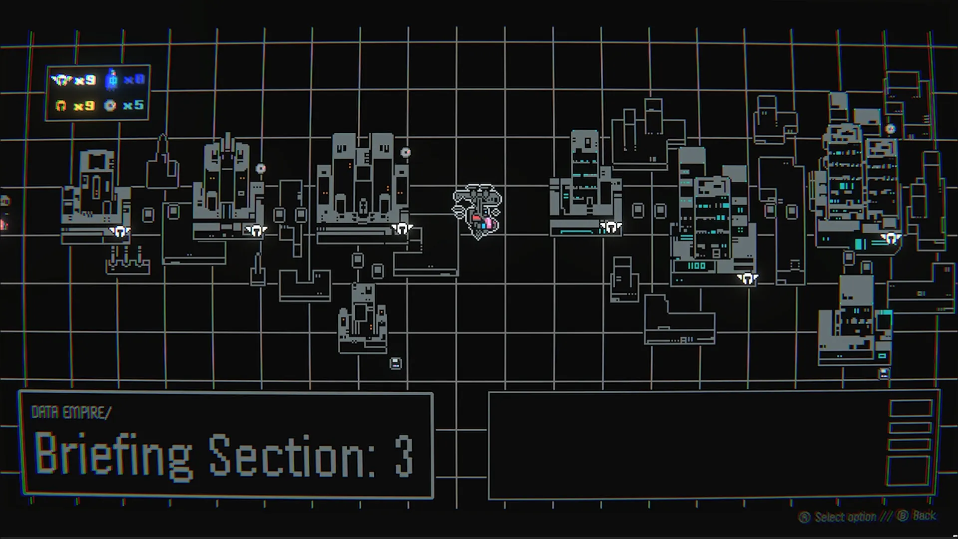 Haneda Girl: Map overview with grid layout, icons, and briefing section 3 in the bottom left corner.