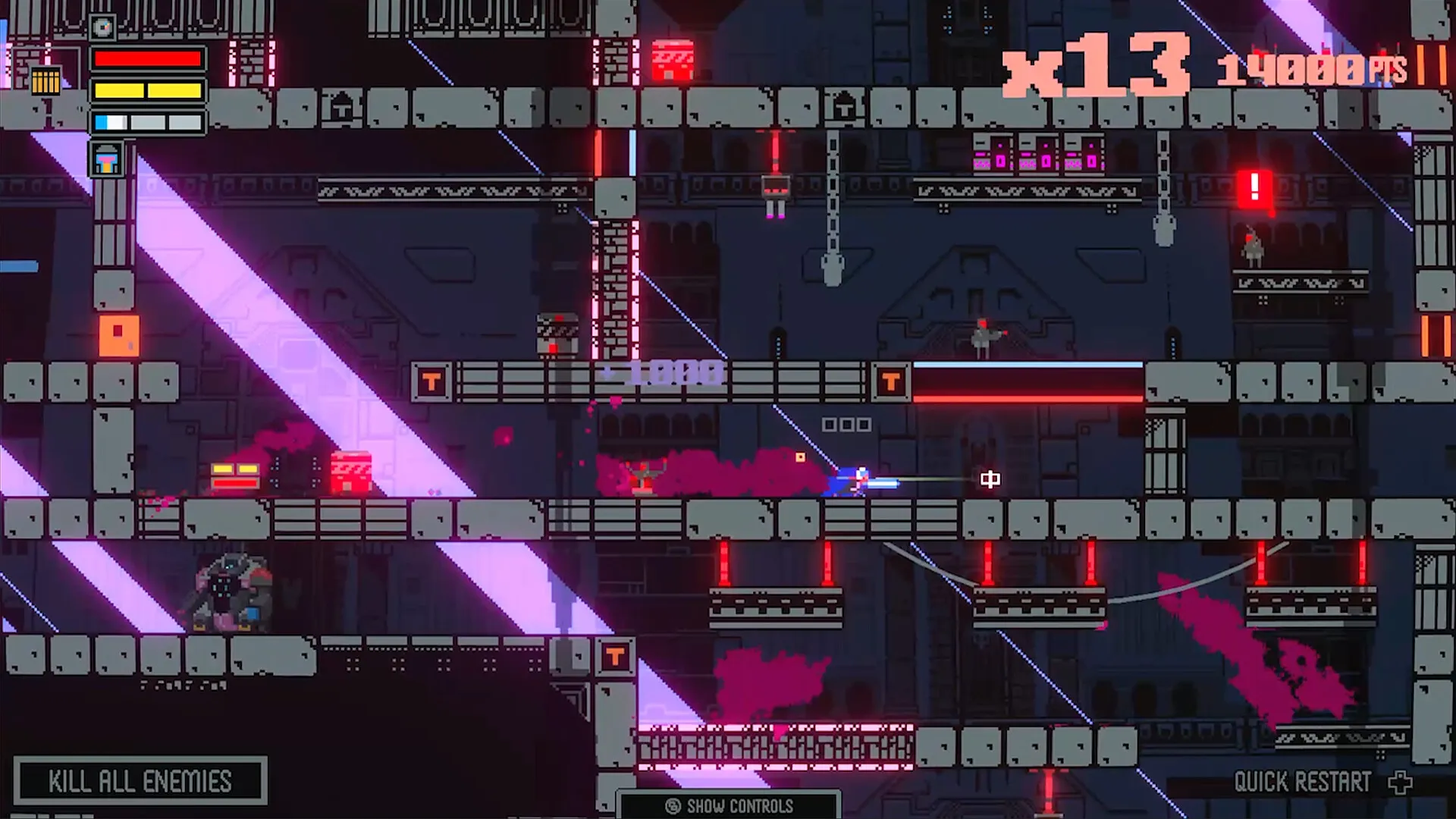 Haneda Girl: Player navigating platforms with laser beams and enemies, aiming for high score multiplier.