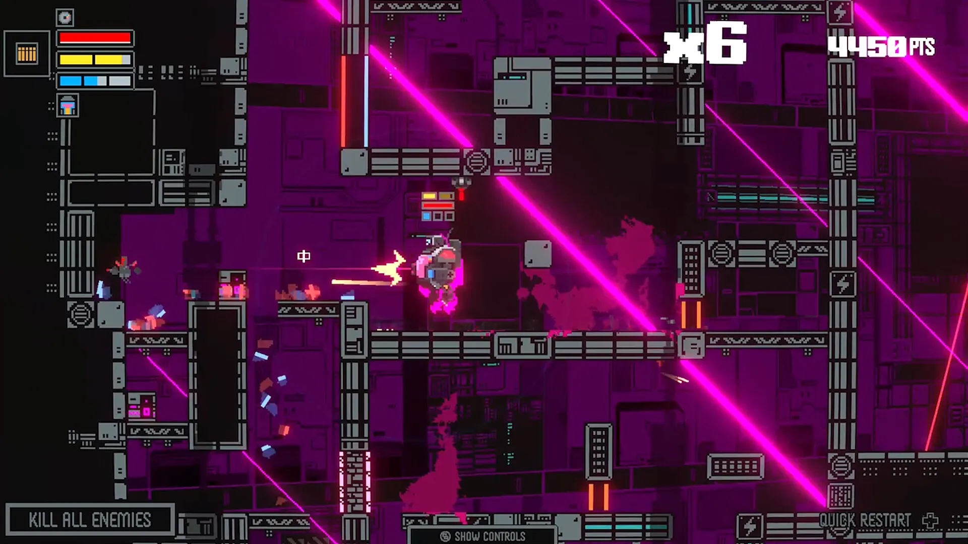 Haneda Girl: Character dodging lasers in a neon platformer level with health, ammo, and score displayed.