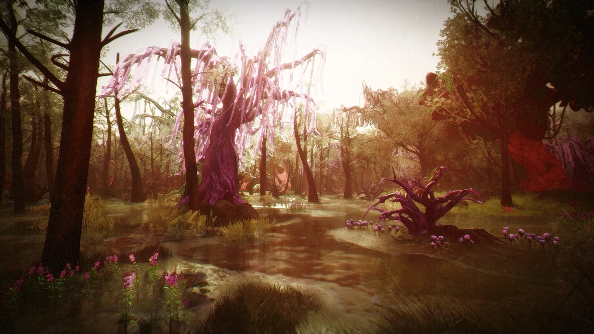 HANGRY™: Lush alien forest with vibrant pink foliage and twisted trees under a sunlit sky