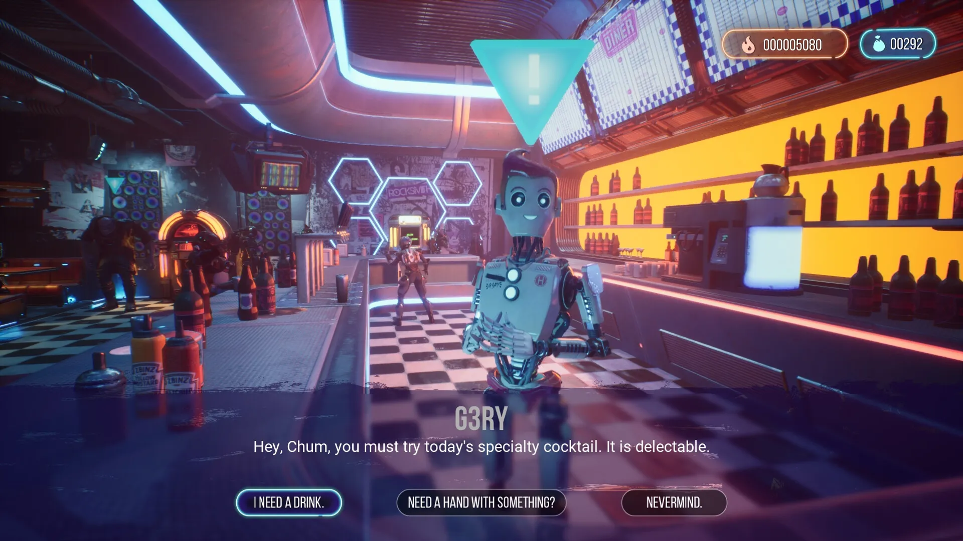 HANGRY™: Robot bartender G3RY offers drinks in neon-lit alien diner with interactive dialogue options.
