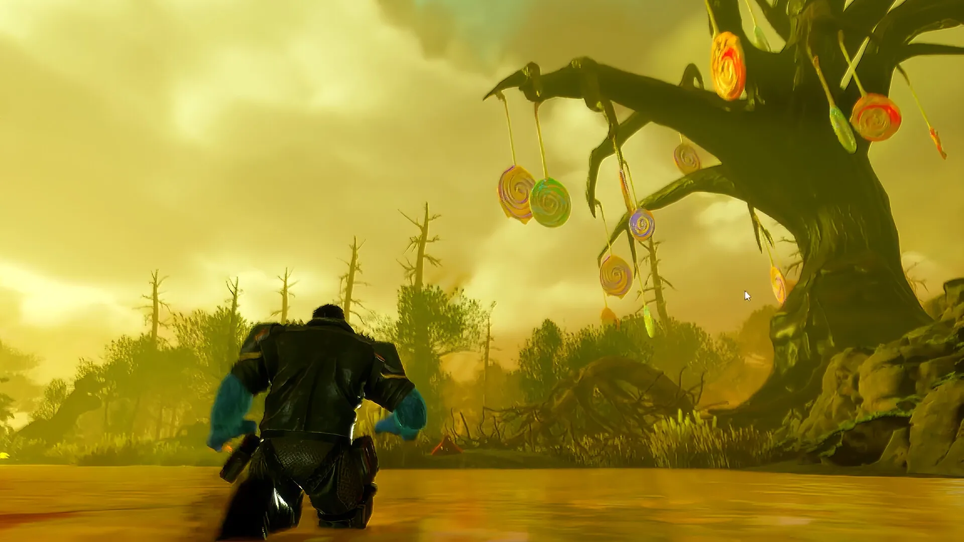 HANGRY™: Hangry kneels in a swampy candy forest, surrounded by trees with dangling lollipops.