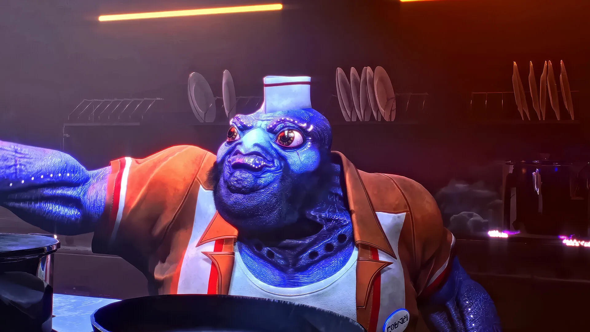 HANGRY™: Goutra the chef reaching for ingredients in an alien diner kitchen filled with dishes.