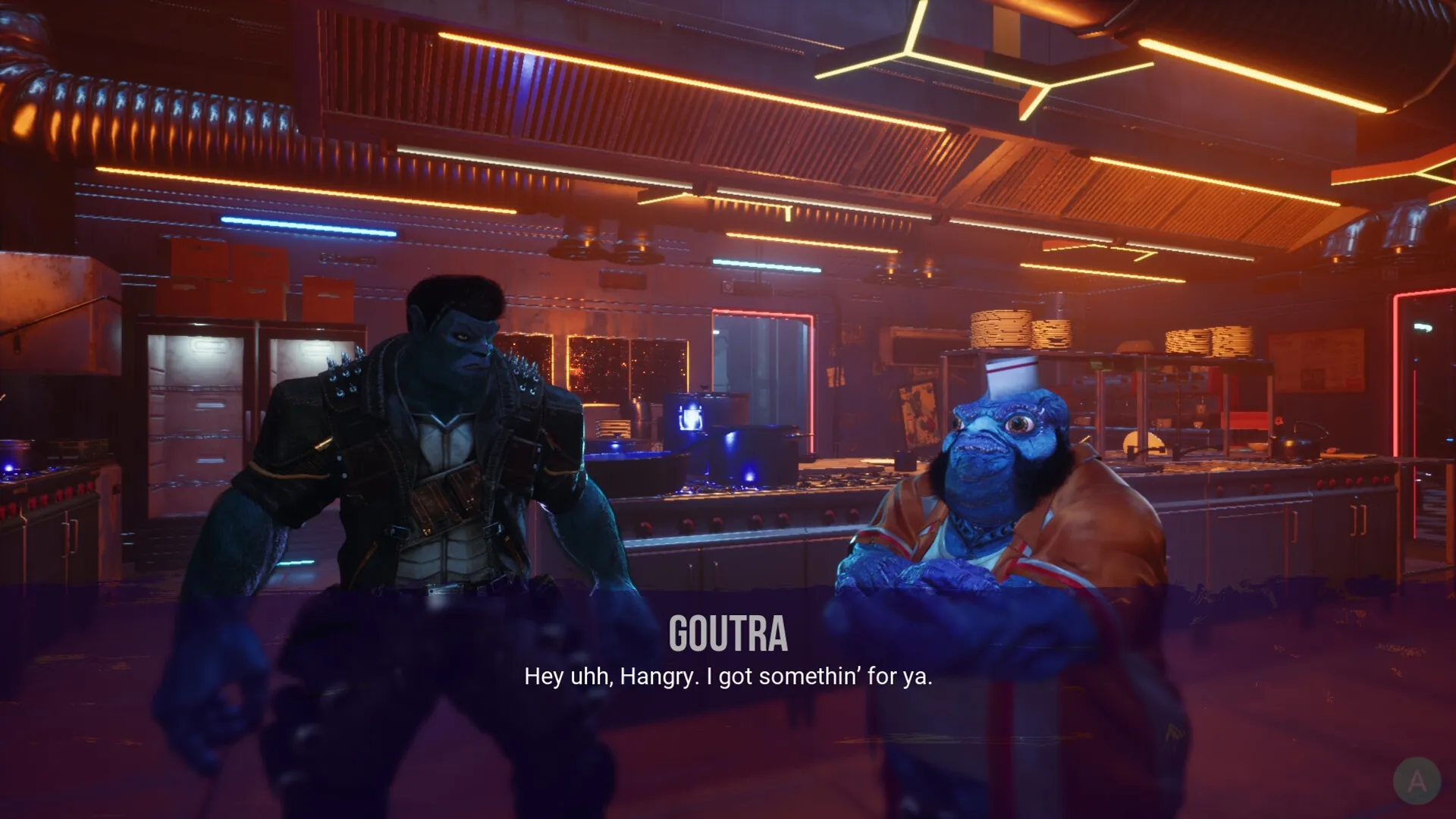 HANGRY™: Hangry and Goutra converse in the neon-lit kitchen of an alien city underworld diner.