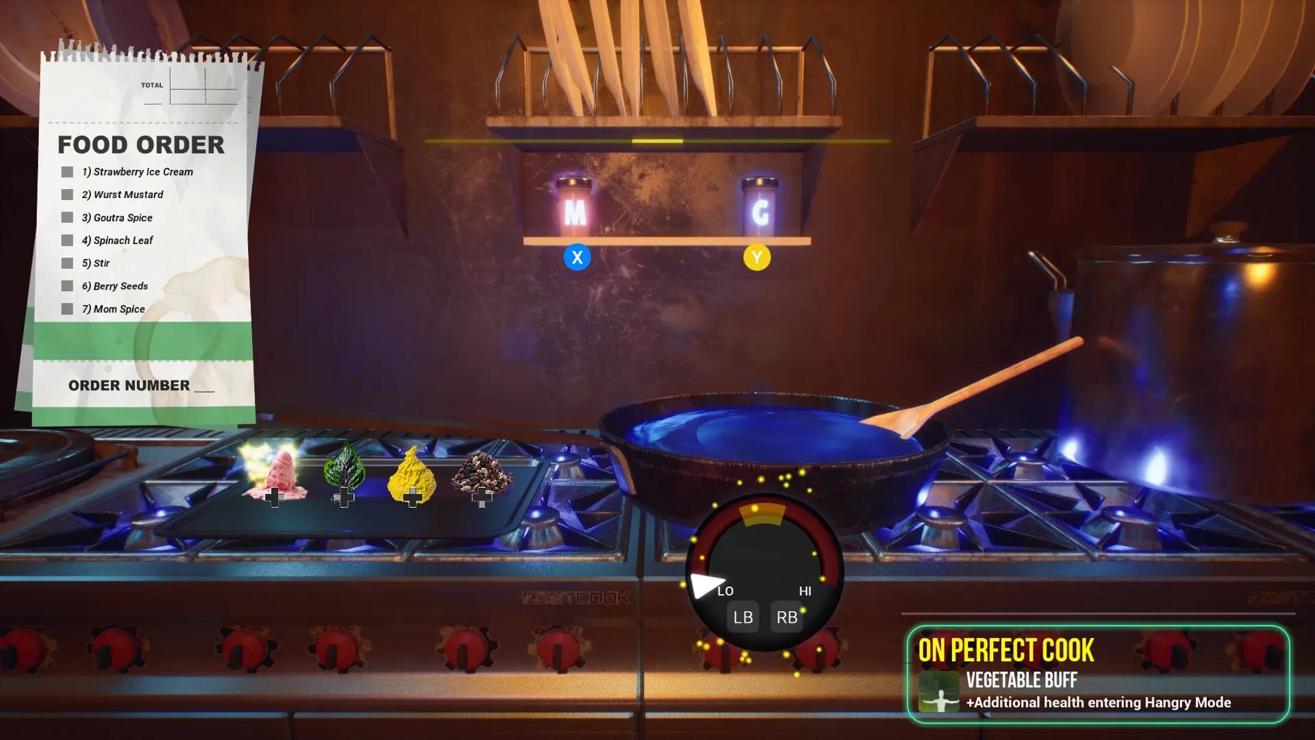 HANGRY™: Cooking ingredients on stove with food order list and buff notification in alien kitchen.