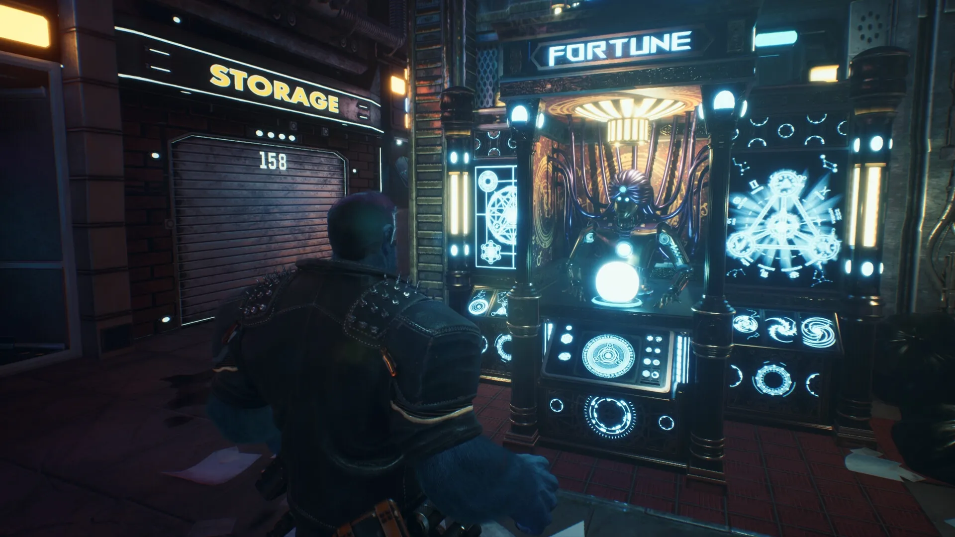 HANGRY™: Hangry consults a fortune teller machine in a dimly lit alley next to storage unit 158.