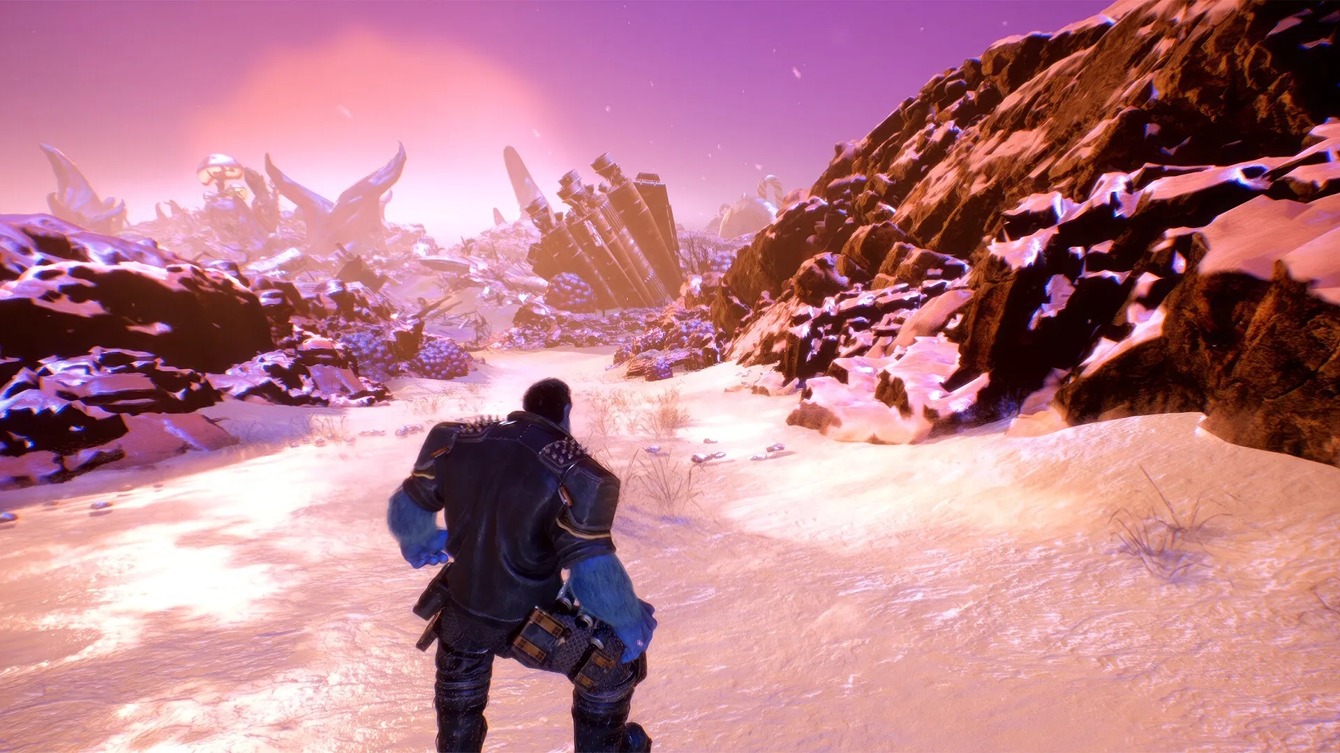 HANGRY™: Hangry explores snowy alien terrain with futuristic debris scattered across the landscape.