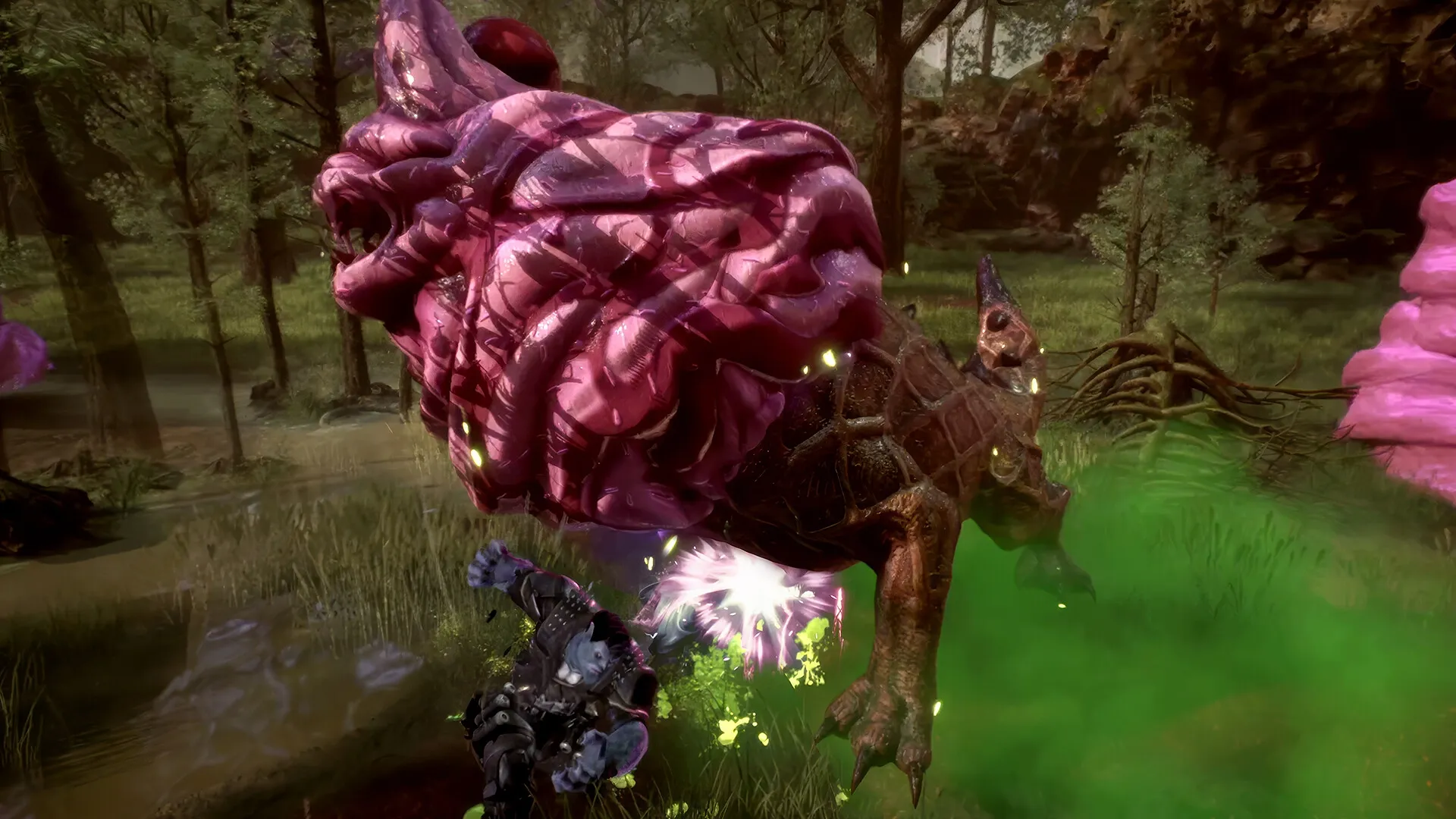 HANGRY™: Hangry battles a giant pink creature in a dense forest, surrounded by green mist and trees.